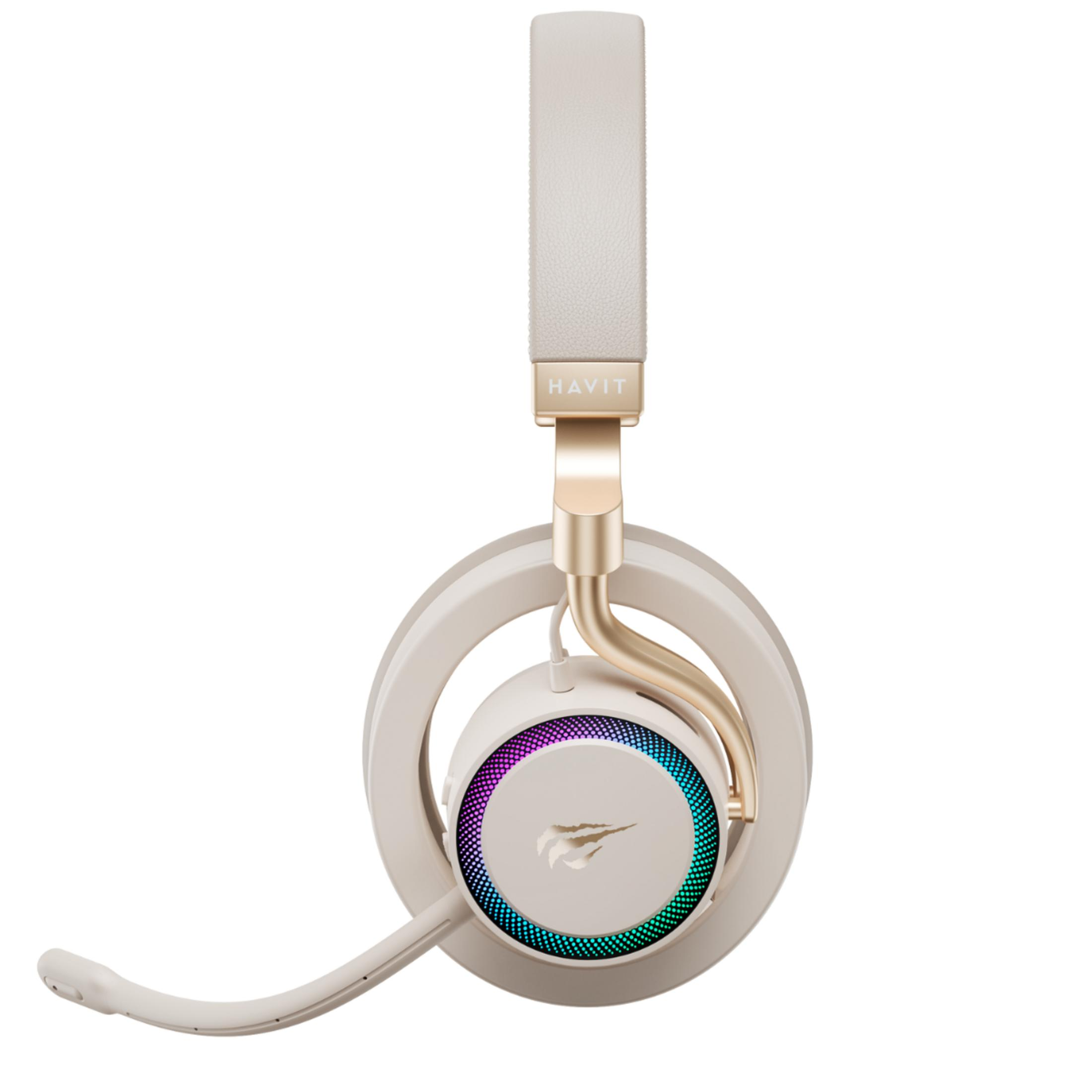 Un auricolare Havit beige con microfono e illuminazione RGB.