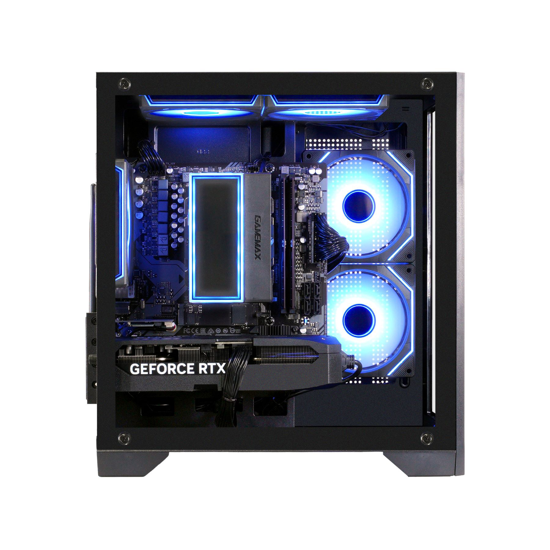 Ein geöffneter PC mit blauen Lichtern. Die Grafikkarte ist mit GEFORCE RTX beschriftet.