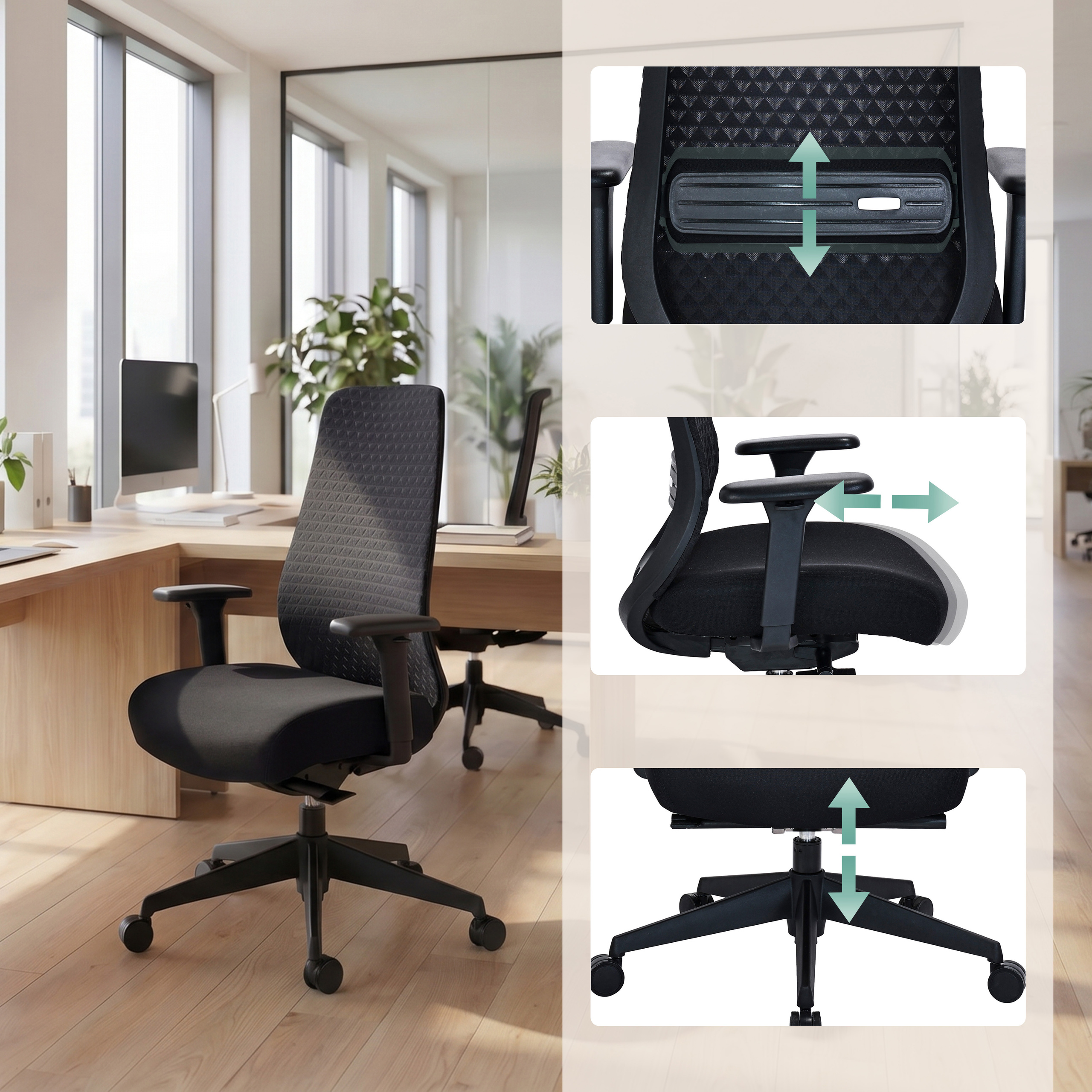 Schwarzer Bürostuhl mit verstellbaren Armlehnen und Rückenlehne in modernem Büro.