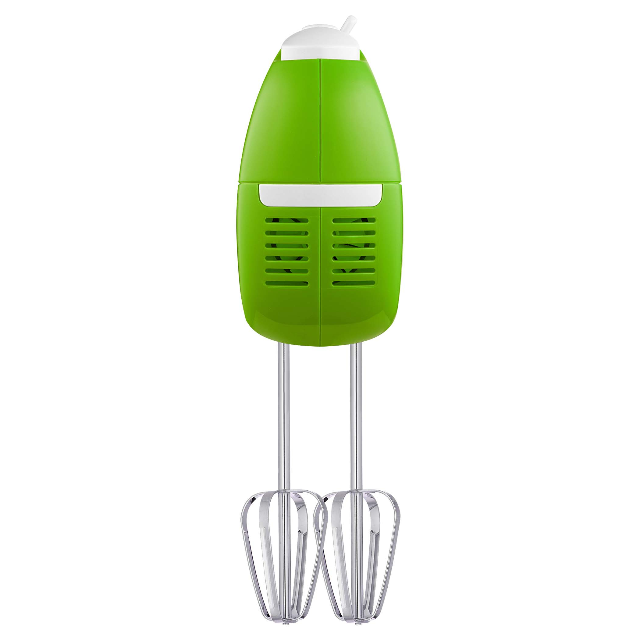 Un frullatore a mano verde con parte superiore bianca e due fruste in acciaio inox.