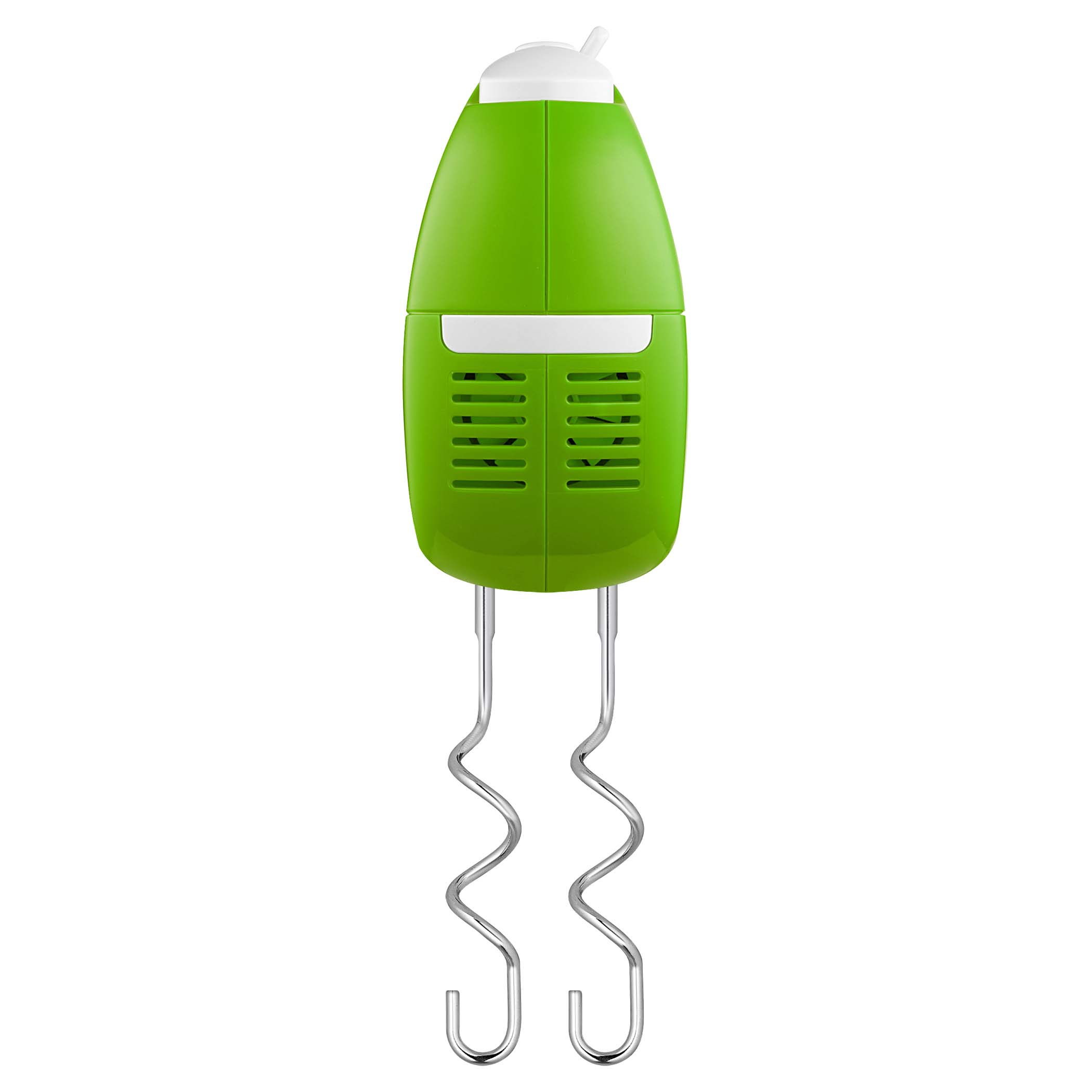 Un frullatore a mano verde con coperchio bianco e fruste argentate.