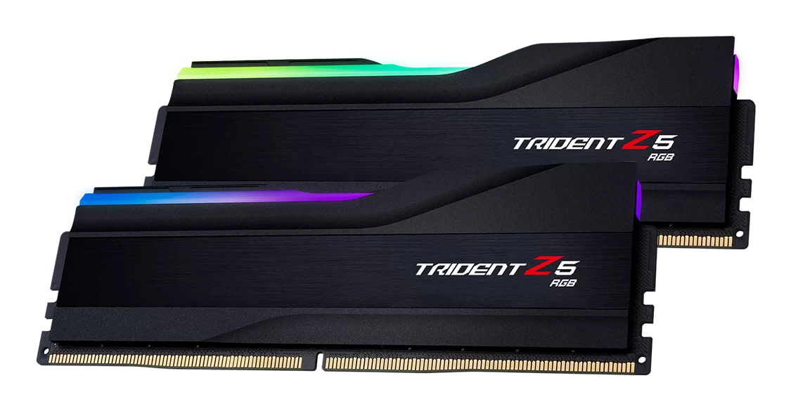 Dwa czarne moduły RAM z podświetleniem RGB w kolorach zielonym, niebieskim i fioletowym.