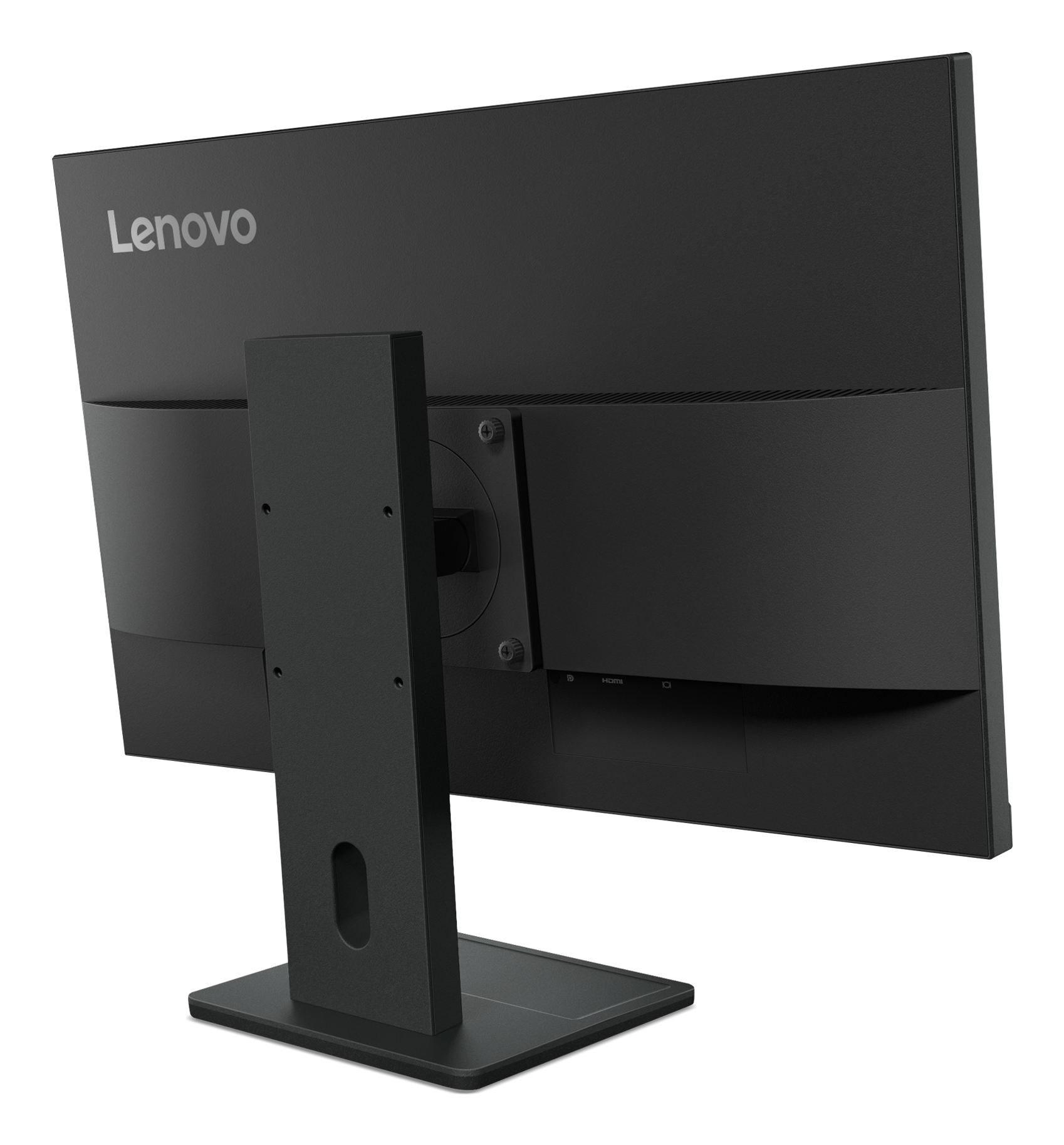Rückansicht eines schwarzen Lenovo Monitors auf einem Ständer mit Anschlüssen wie HDMI.