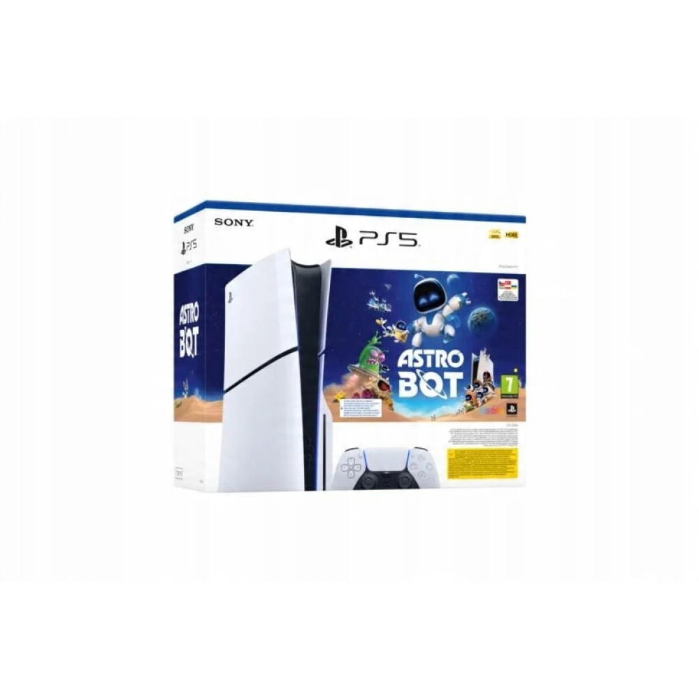 Playstation 5 Konsole mit Astro Bot Spiel und Controller im Karton.