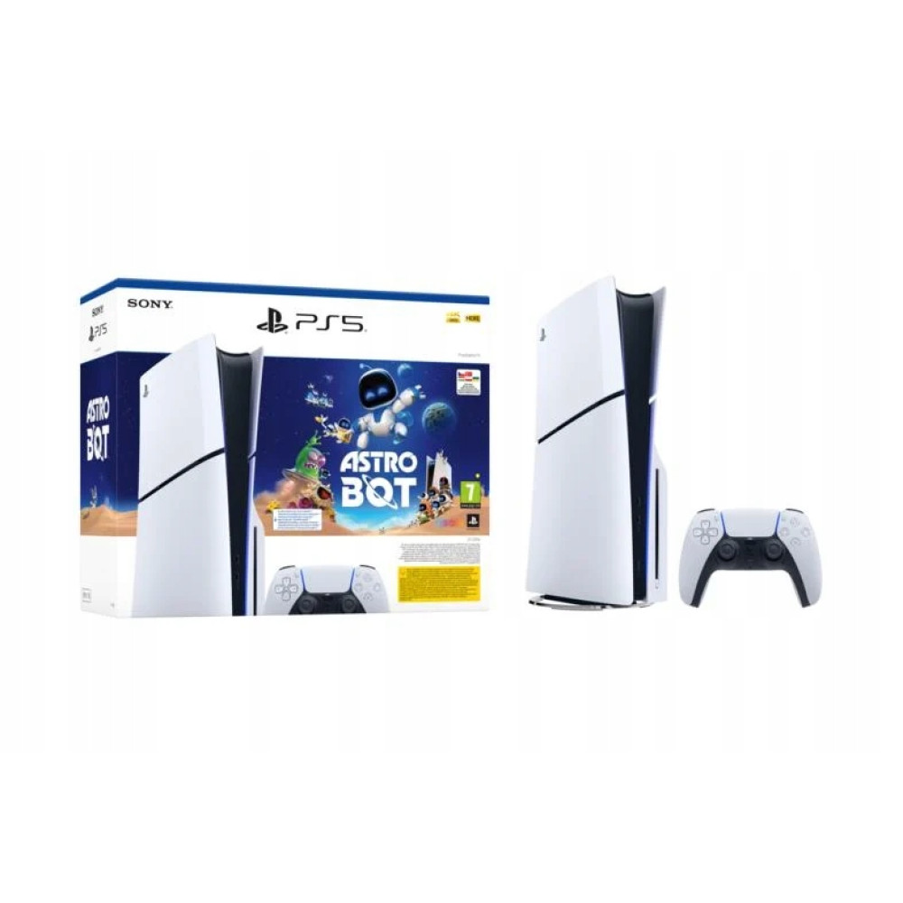 Sony PS5 Konsole mit Astro Bot Spiel und Controller, weiß und schwarz.