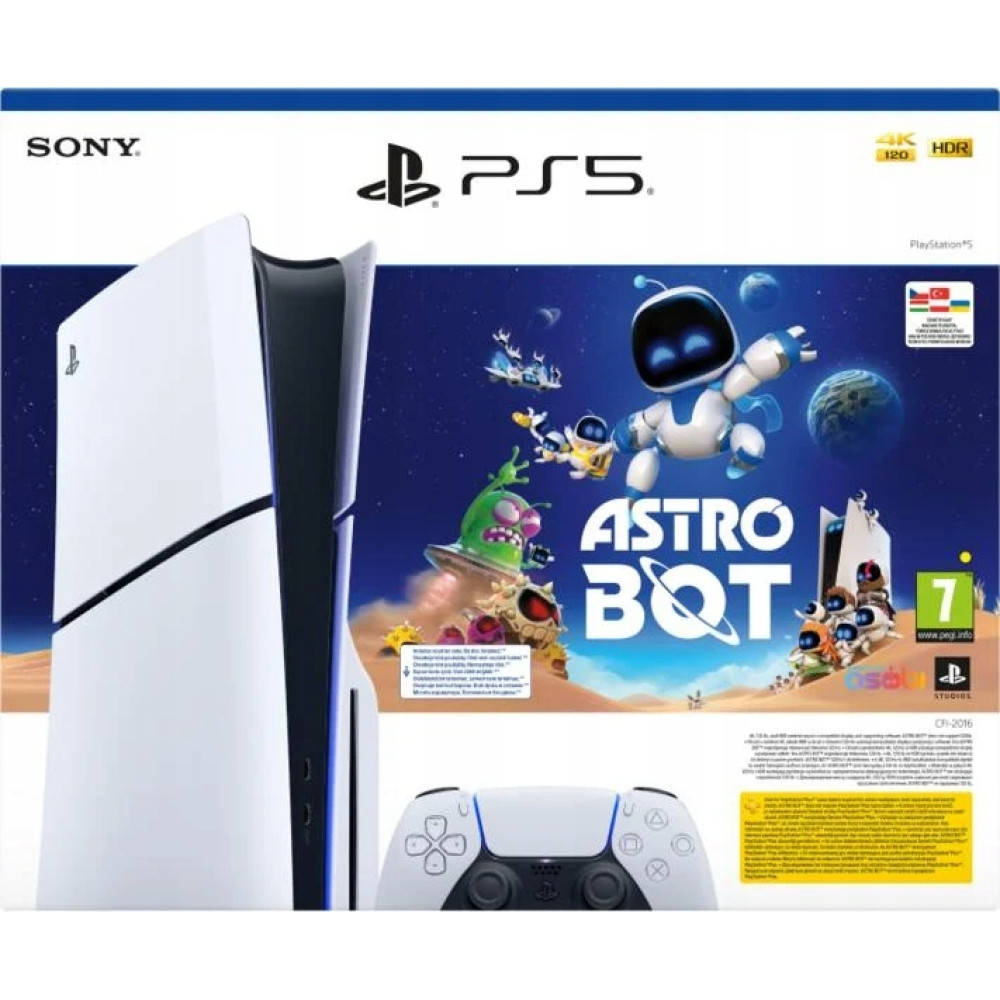 Playstation 5 Konsole mit Astro Bot Spielverpackung und Controller.