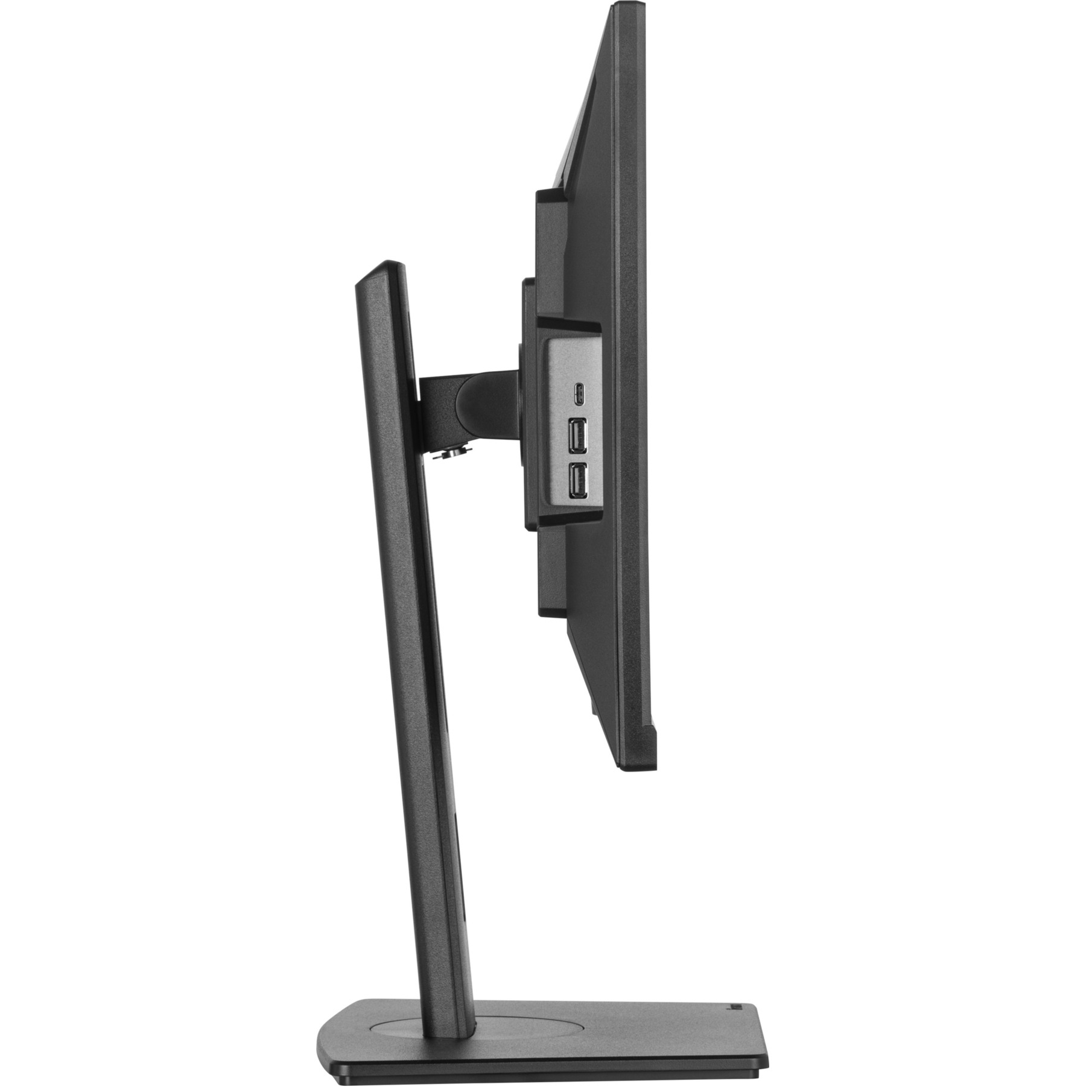 Vista lateral de un monitor negro con puertos USB en el soporte.