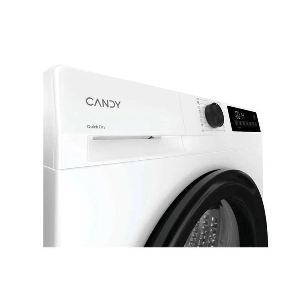 Weiße Candy Waschmaschine mit schwarzer Tür und digitalem Display