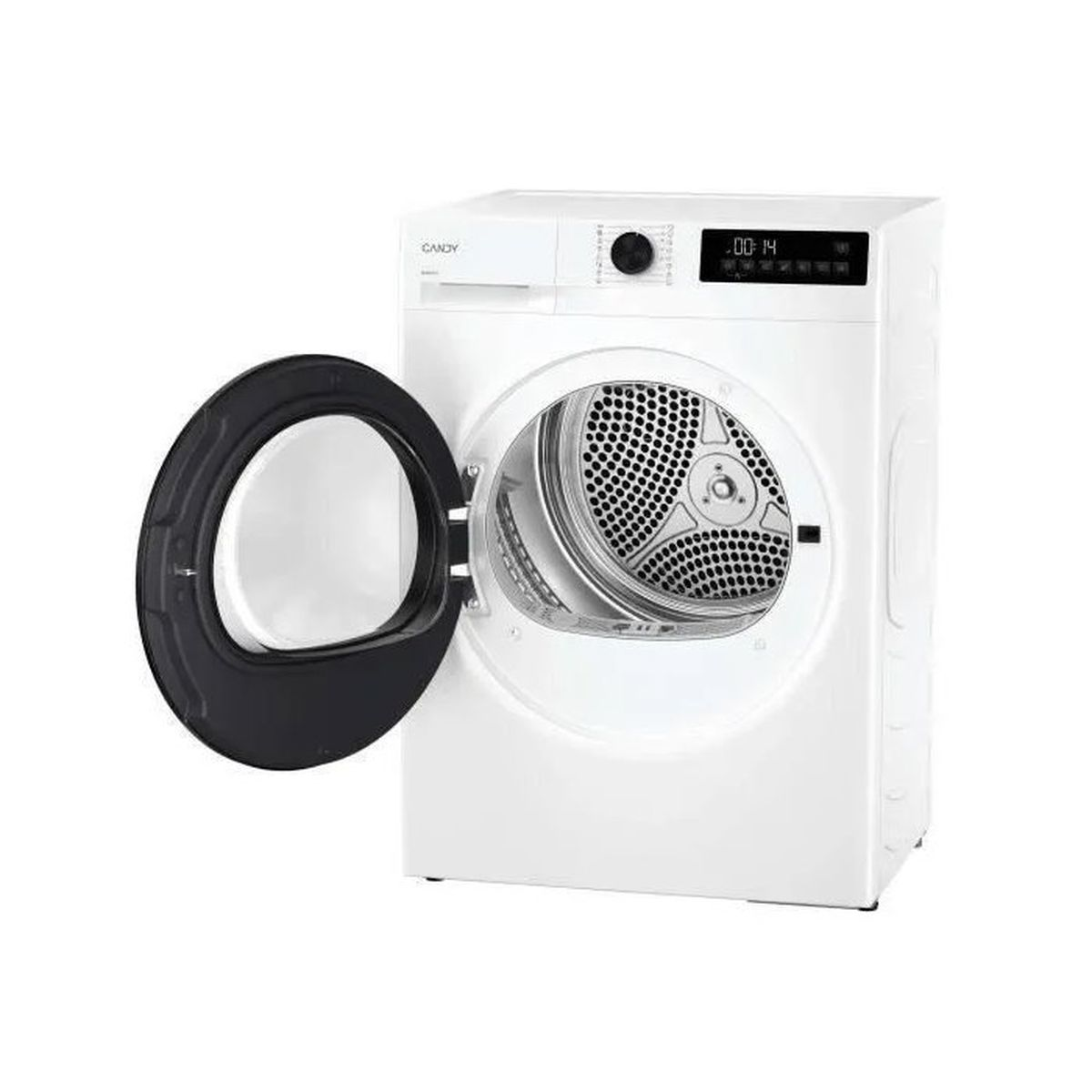Eine weiße Wäschetrocknermaschine mit geöffneter schwarzer Tür und Trommel.