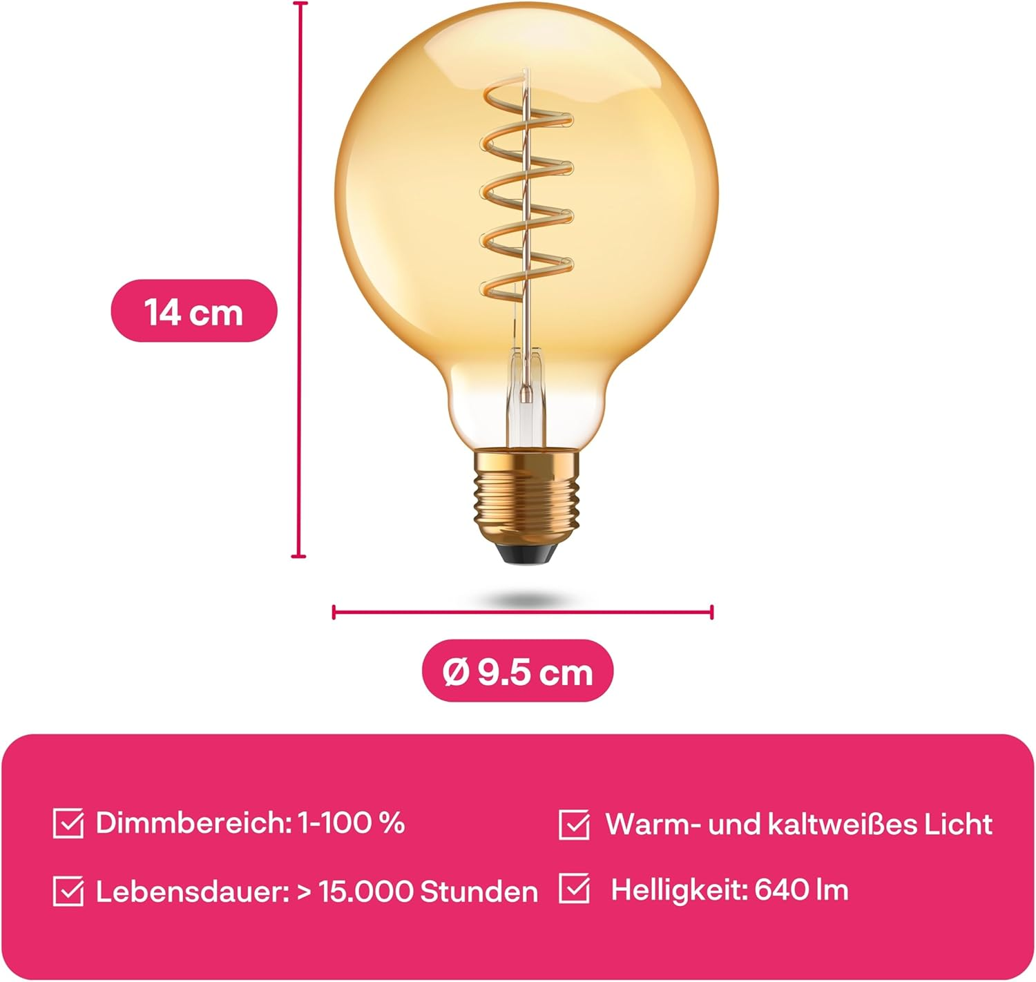 Eine bernsteinfarbene Glühbirne mit 14 cm Höhe und 9,5 cm Durchmesser.