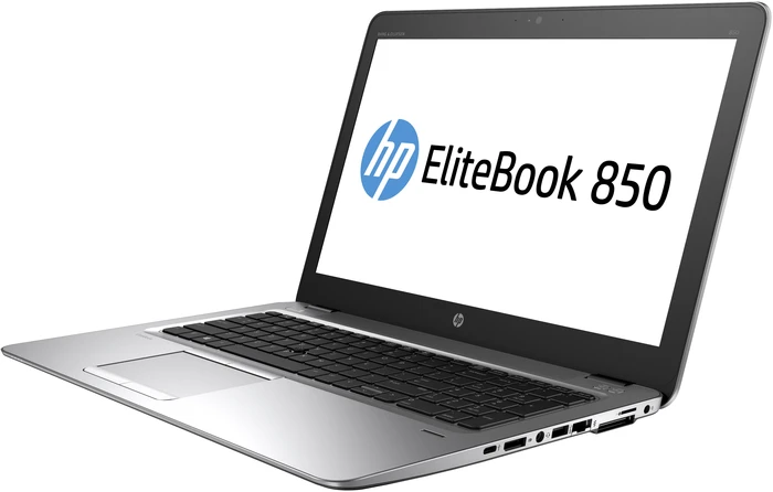 Silberner HP EliteBook 850 Laptop mit beleuchteter Tastatur und Touchpad.