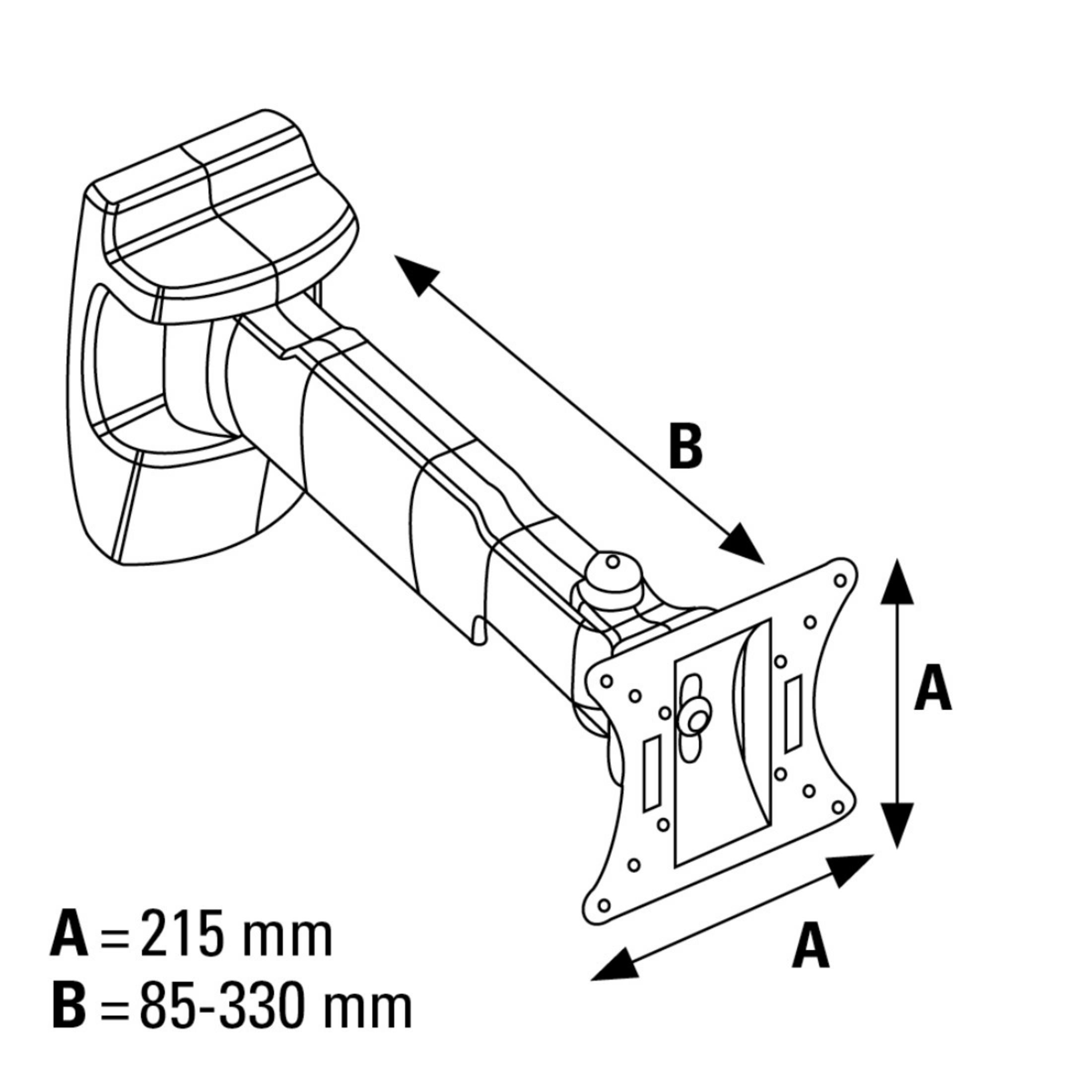 Technische Zeichnung einer Monitorhalterung mit Maßen A=215mm und B=85-330mm.