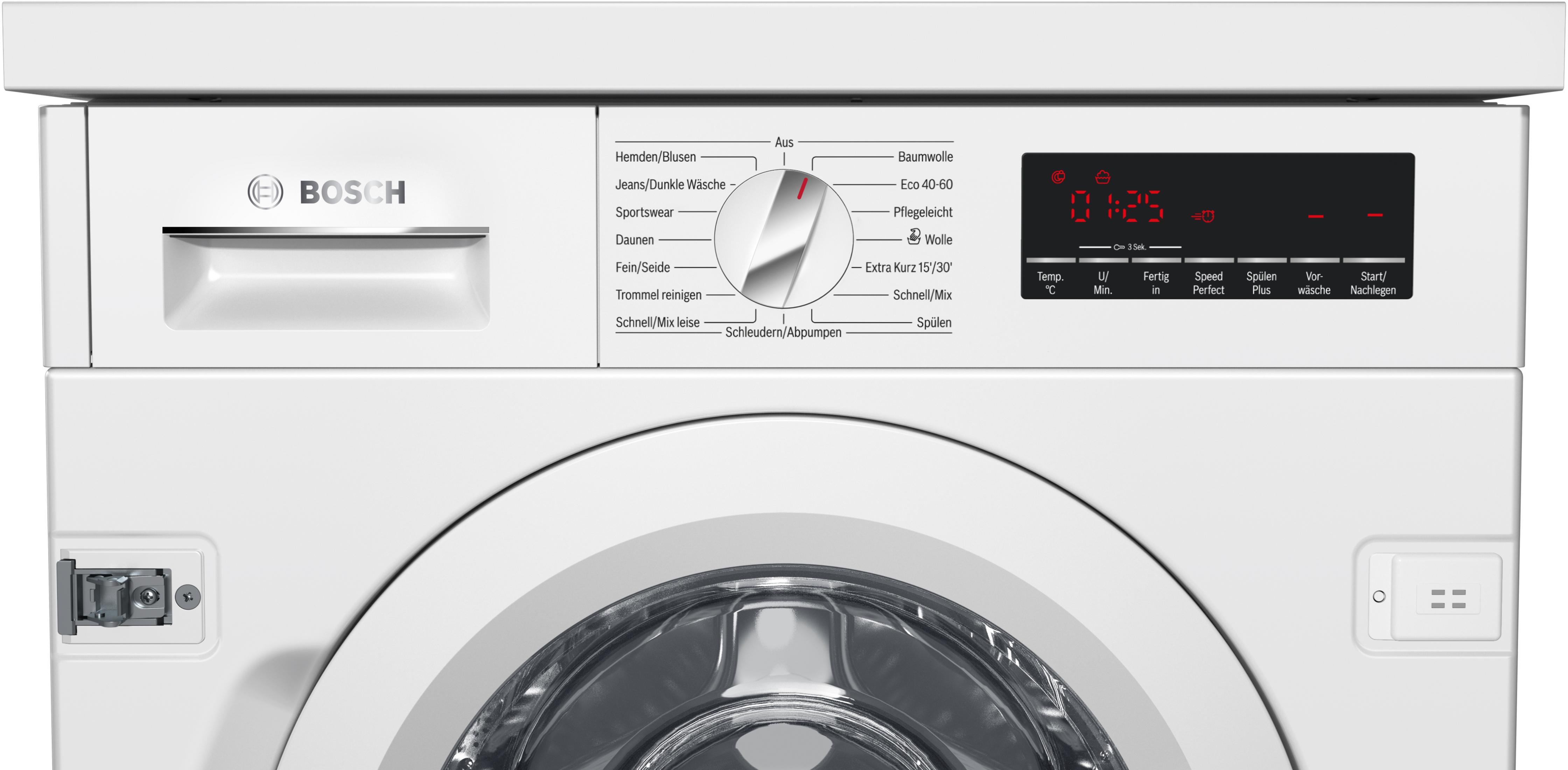 Bedienfeld einer weißen Bosch Waschmaschine mit Programmauswahl und Digitalanzeige.