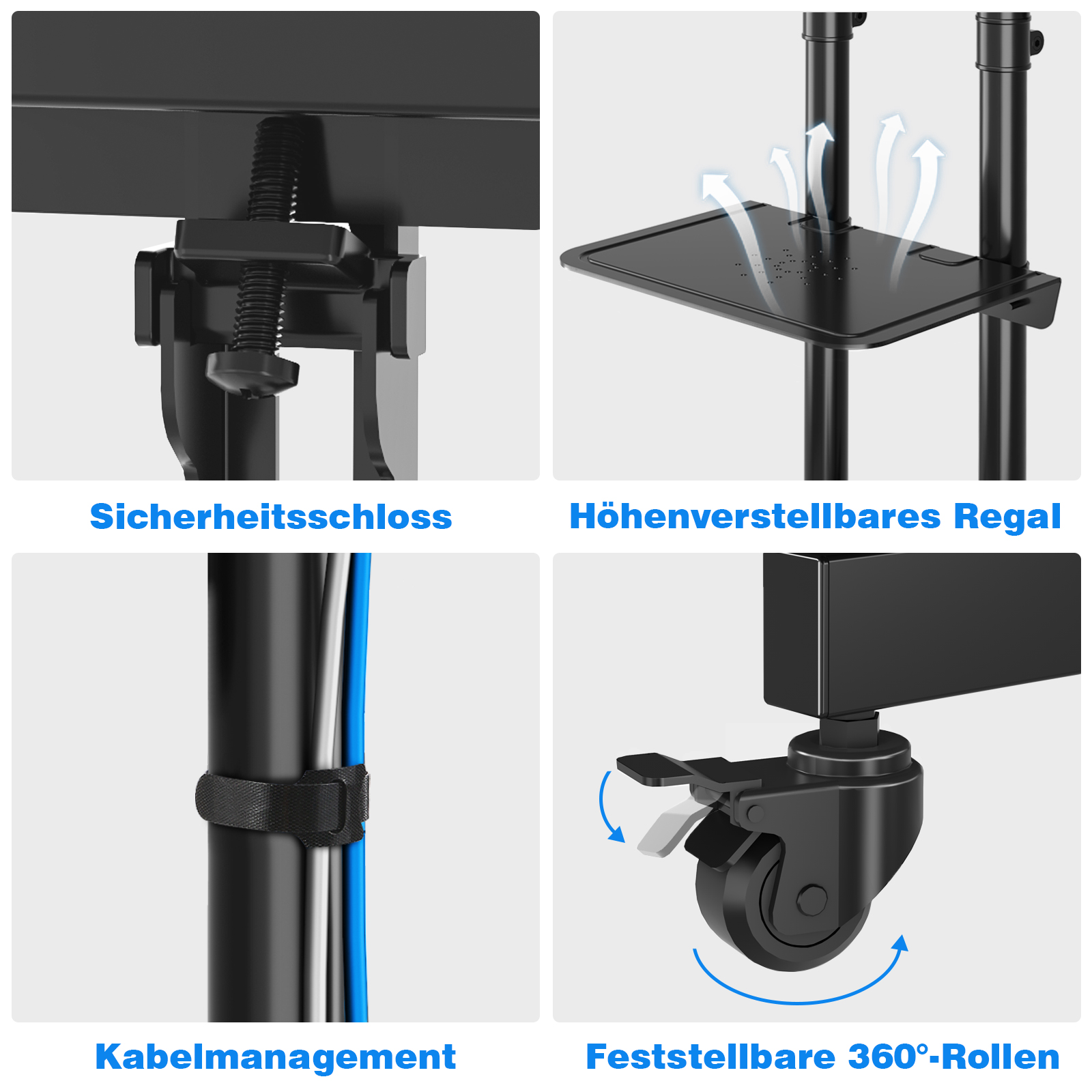 Sicherheitsschloss, höhenverstellbares Regal, Kabelmanagement, feststellbare Rollen.