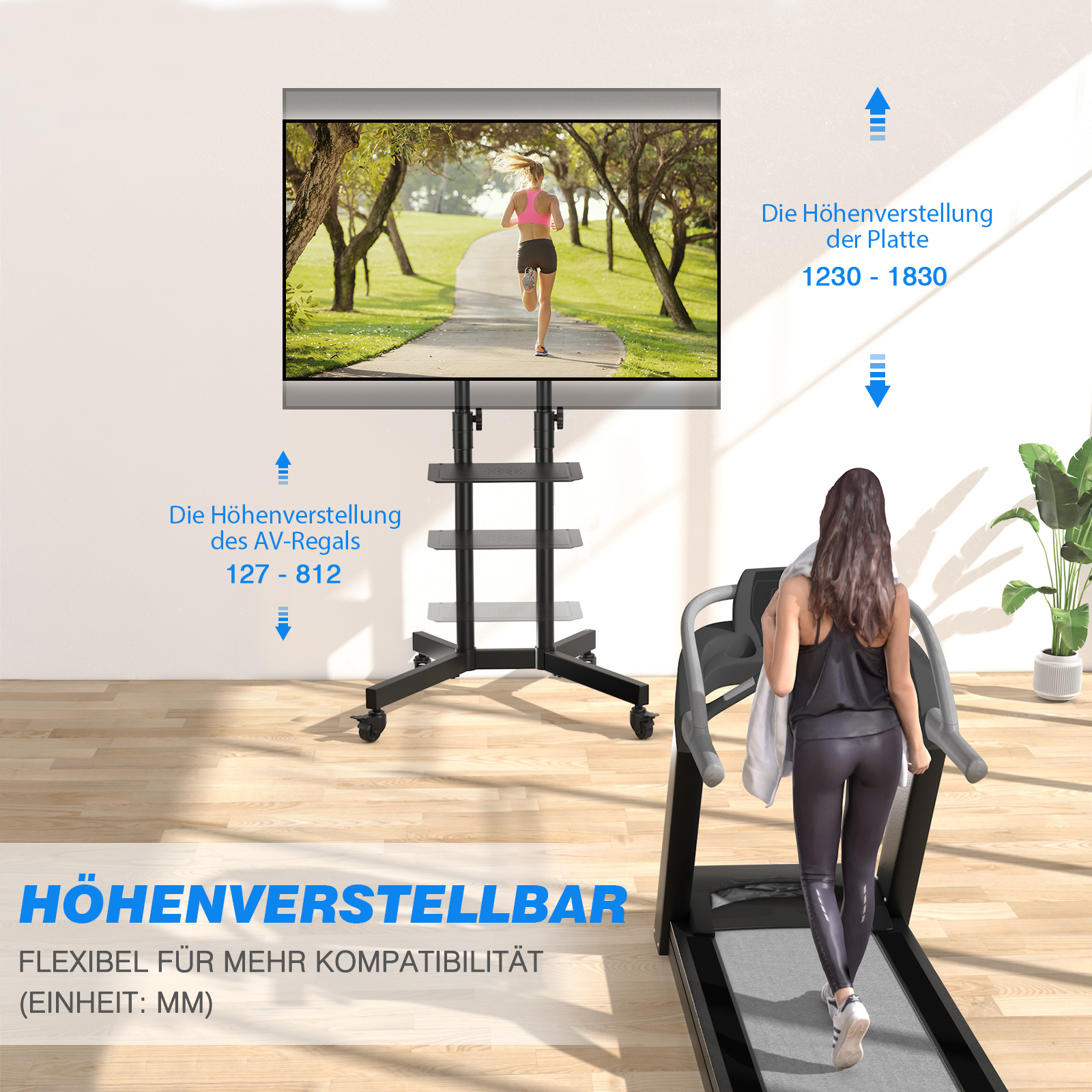 Ein schwarzer TV-Ständer mit einem Laufband und einer Frau.