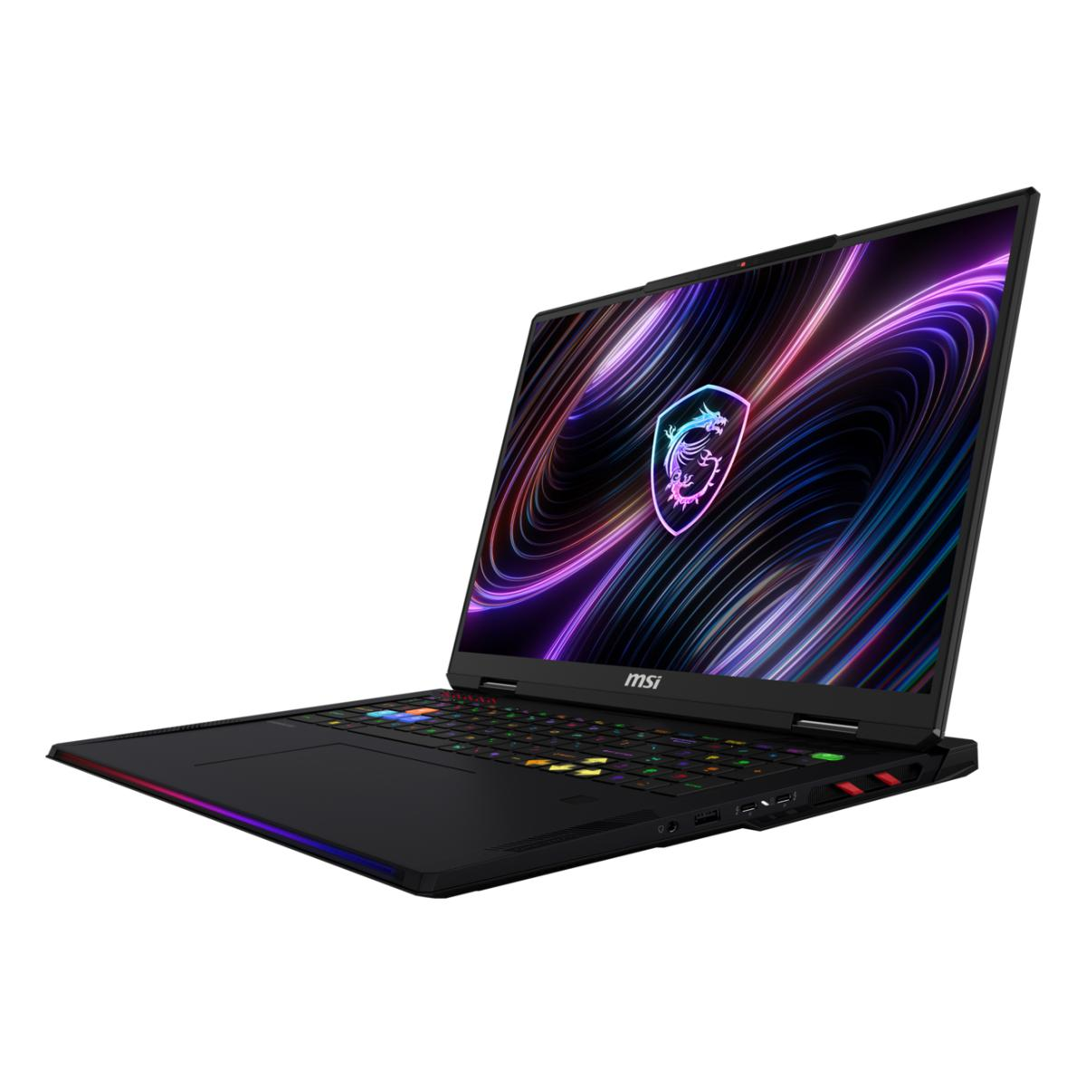Schwarzer MSI-Laptop mit leuchtenden Tastaturtasten und Drachenlogo auf dem Bildschirm.