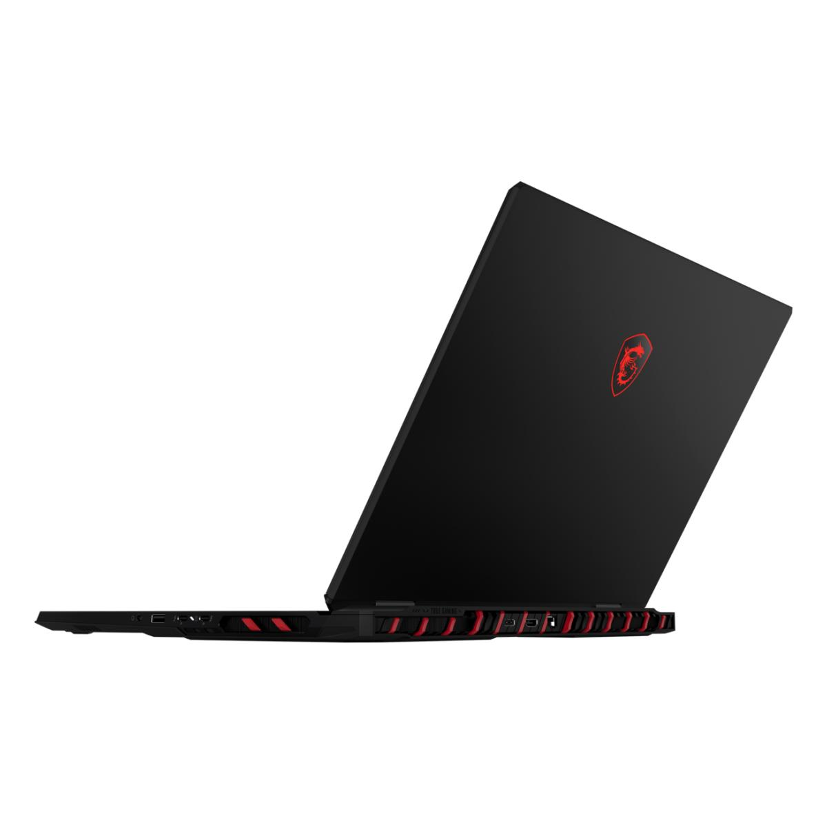 Schwarzer MSI Gaming Laptop mit rotem Logo, von der Seite gesehen.