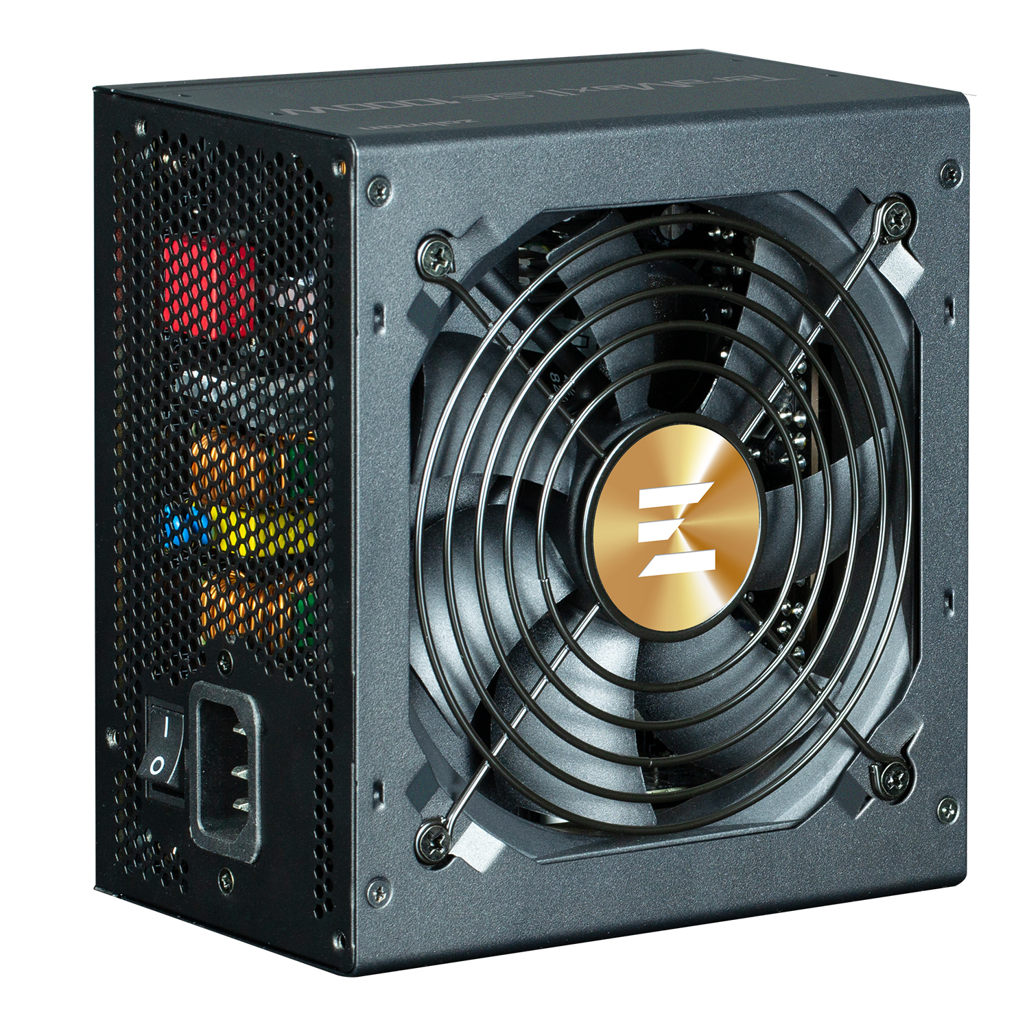 Un alimentatore nero per computer con ventola e logo dorato.