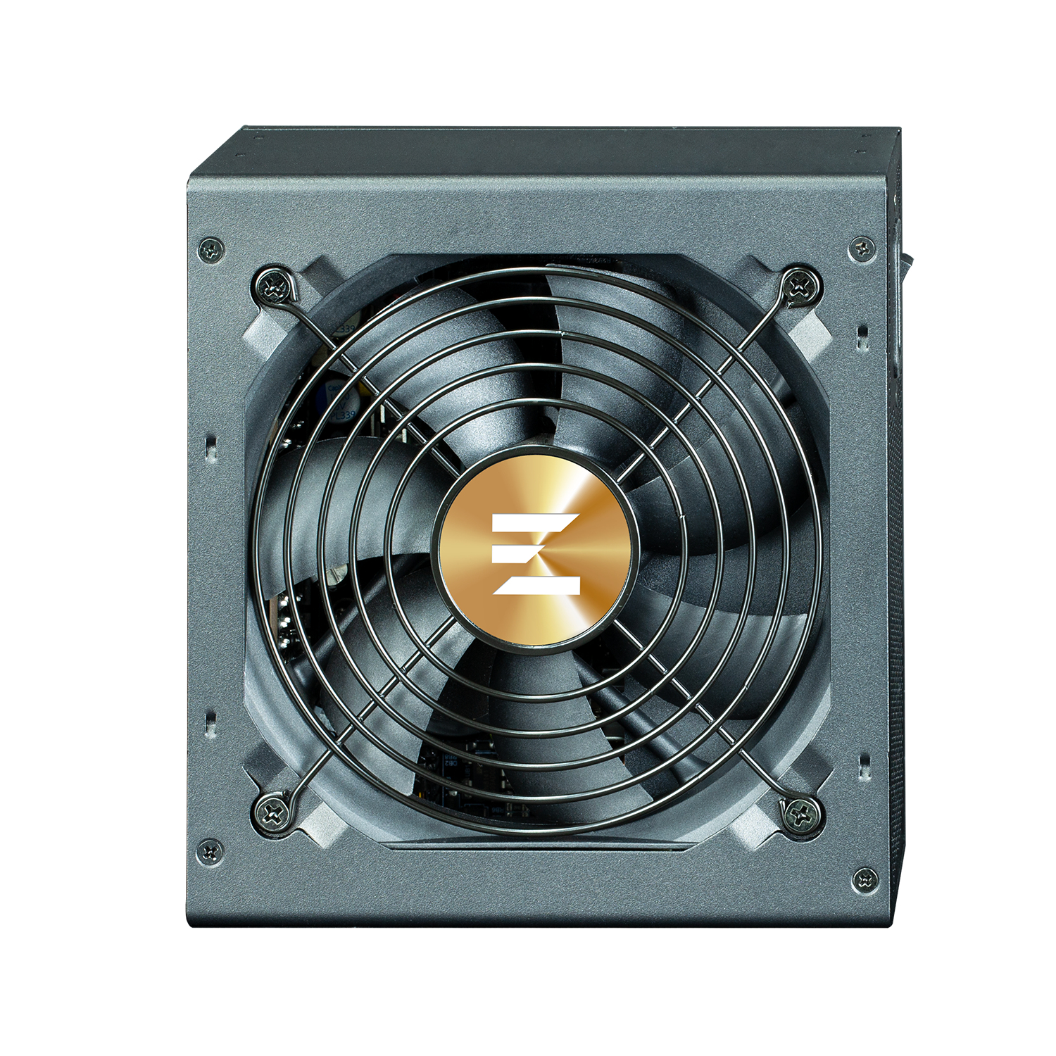 Un alimentatore PC grigio con ventola nera ed emblema dorato.