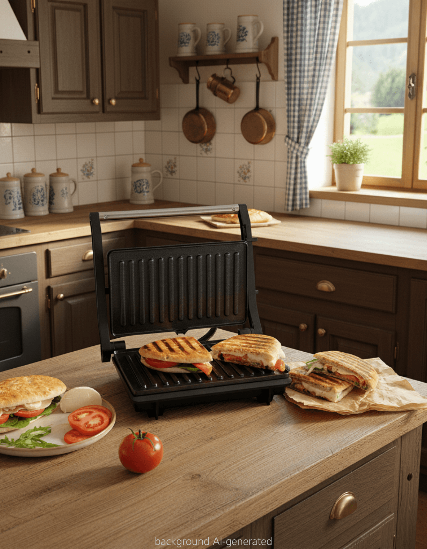 Ein Sandwichmaker mit Sandwiches, Tomaten und ein Brötchen auf einem Holztisch.