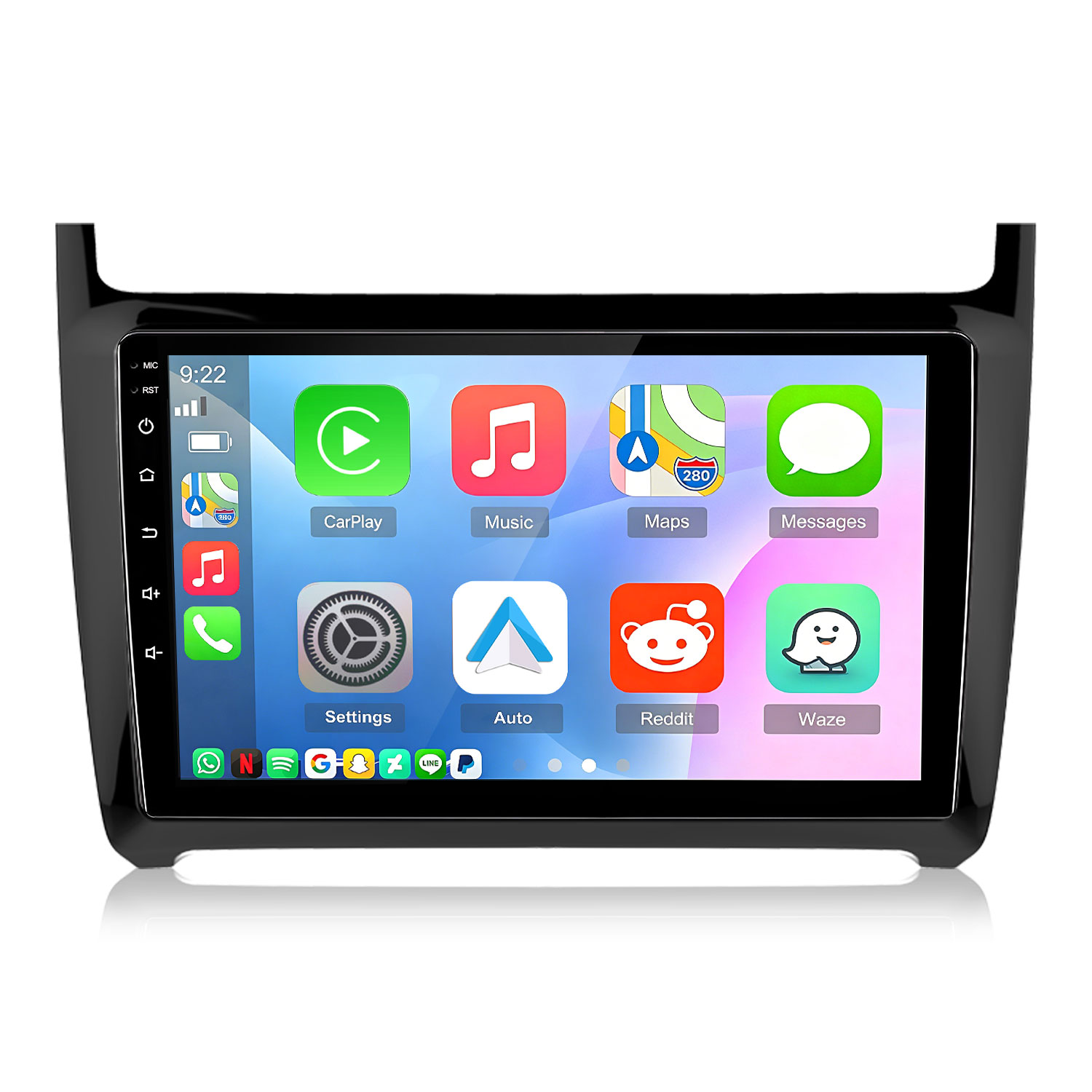 Ein Autoradio-Bildschirm zeigt App-Symbole wie CarPlay, Musik, Karten, Nachrichten, Einstellungen, Auto, Reddit und Waze.