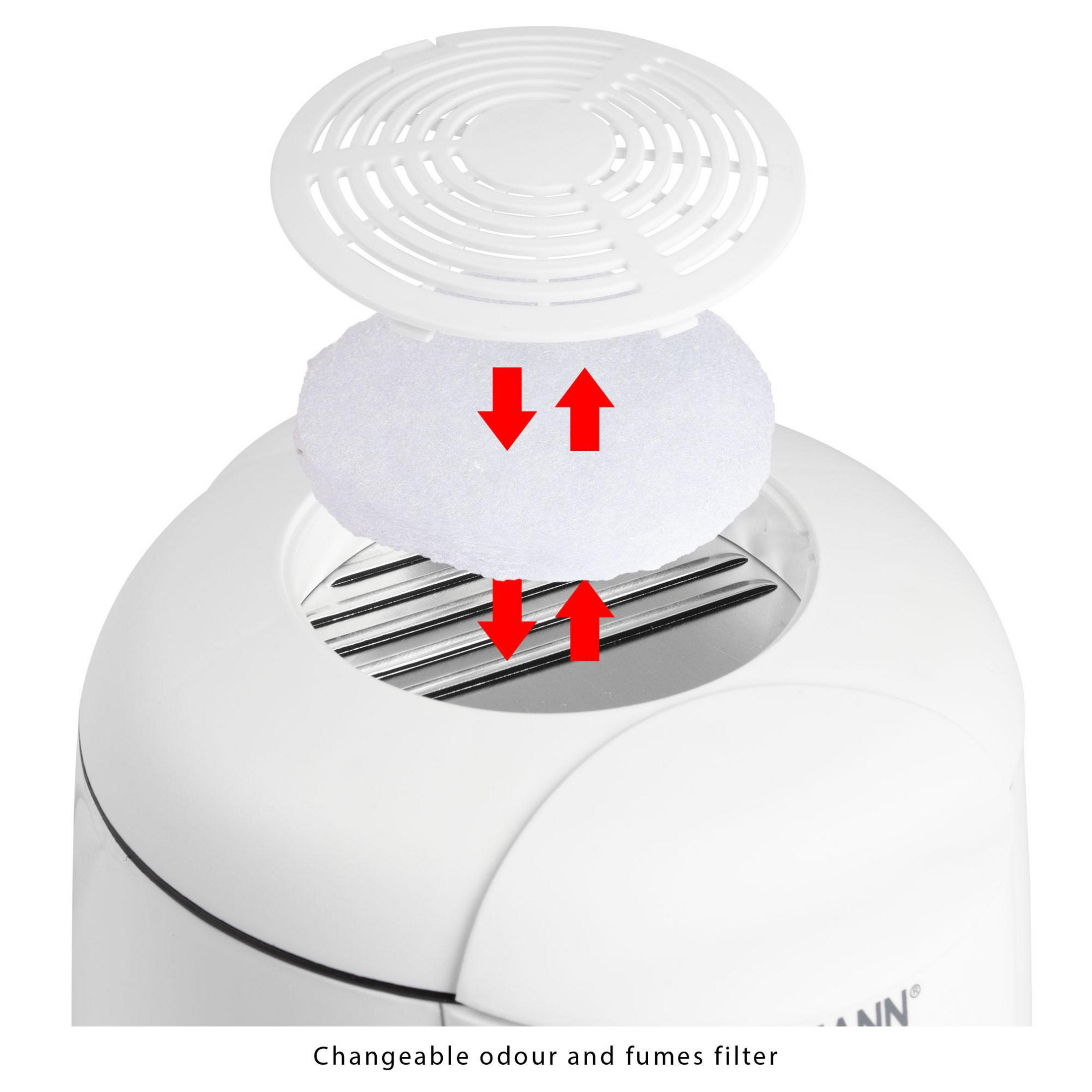 Dispositivo blanco con componentes de filtro. Flechas rojas muestran colocación.