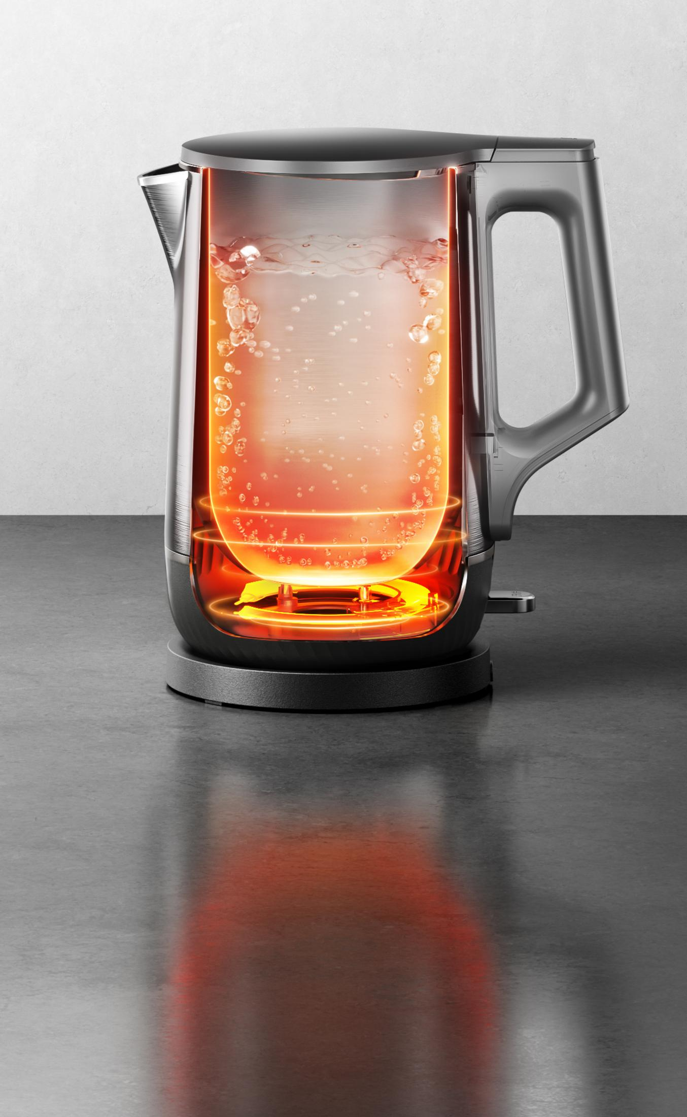 Schnittansicht eines Wasserkochers zeigt Heizelement und kochendes Wasser mit Blasen.