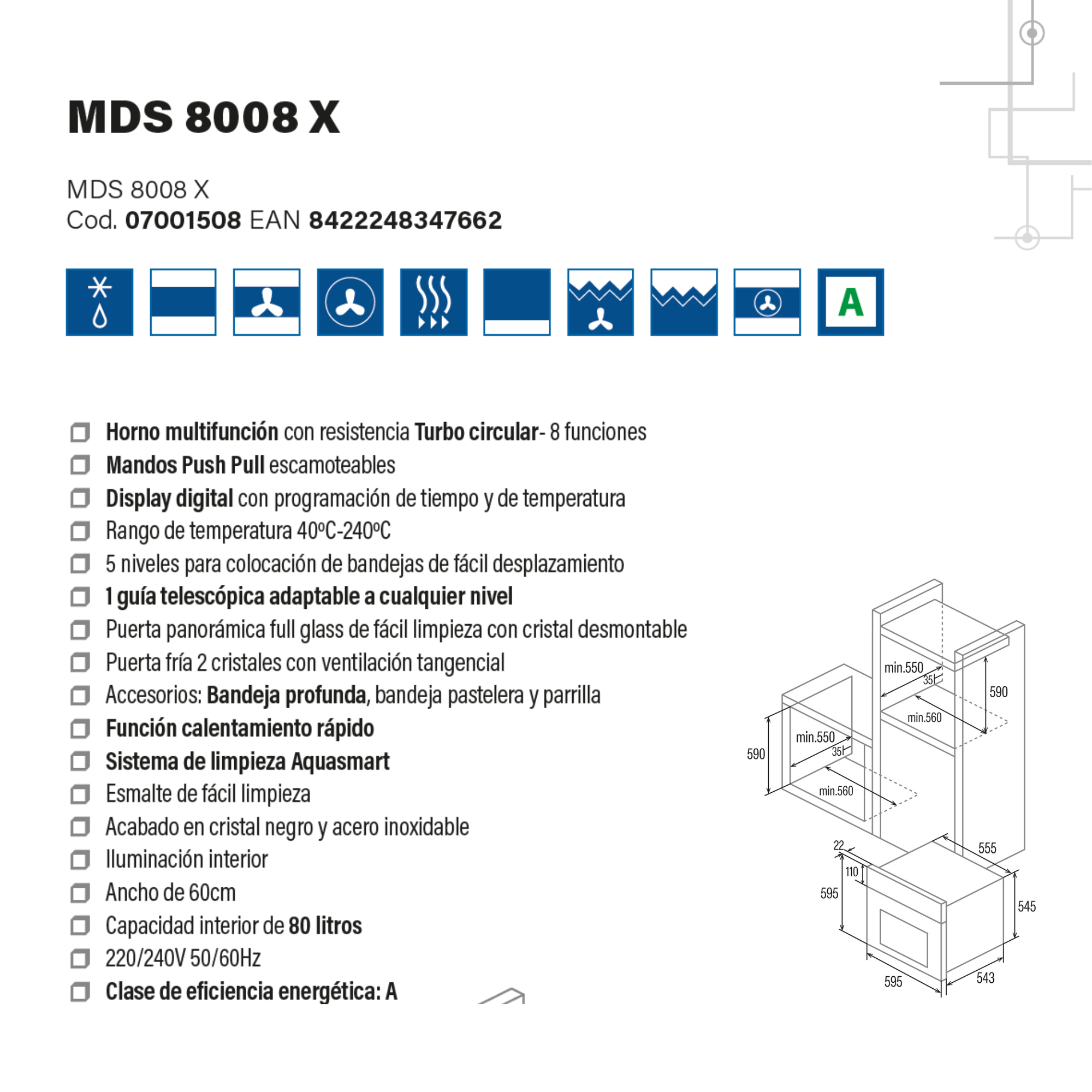 Dibujo técnico de un horno empotrable con dimensiones e iconos de función.