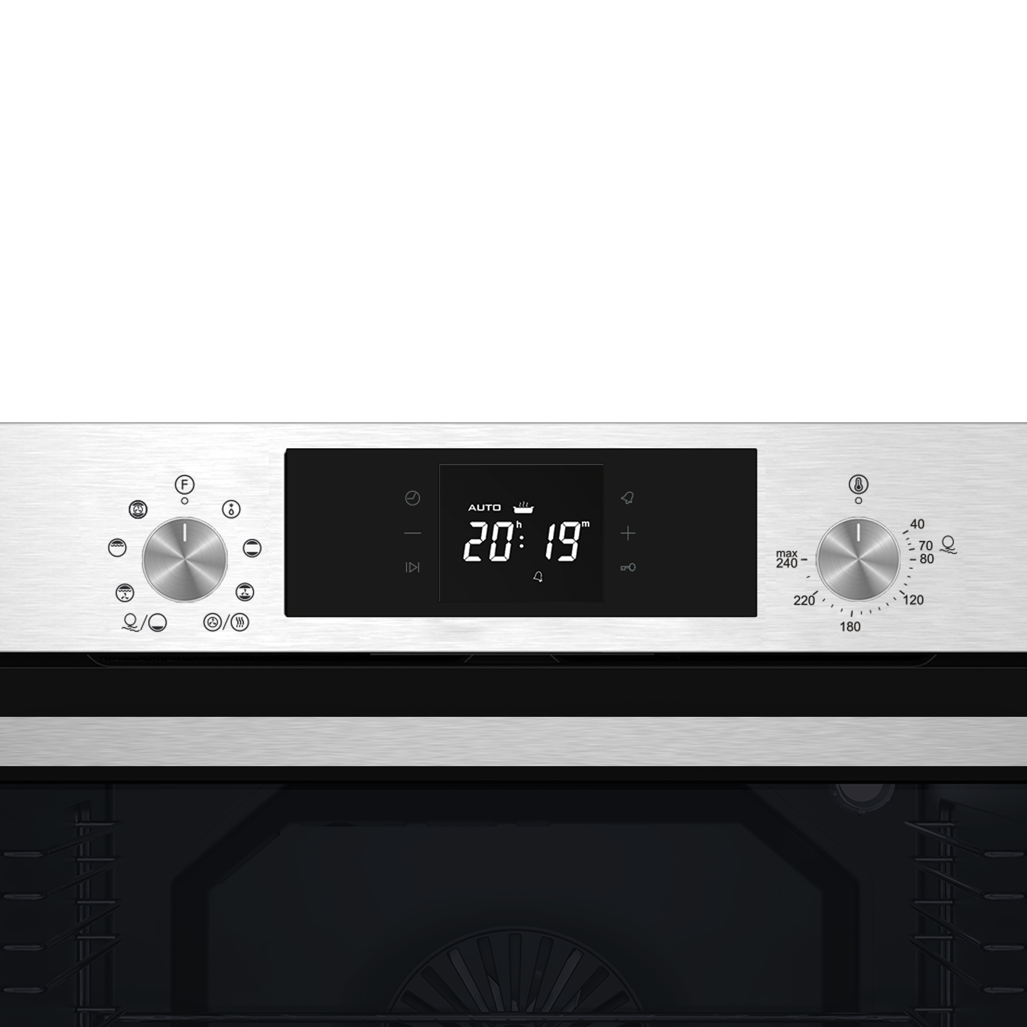 Un horno con pantalla digital que muestra 20:19 y dos mandos.