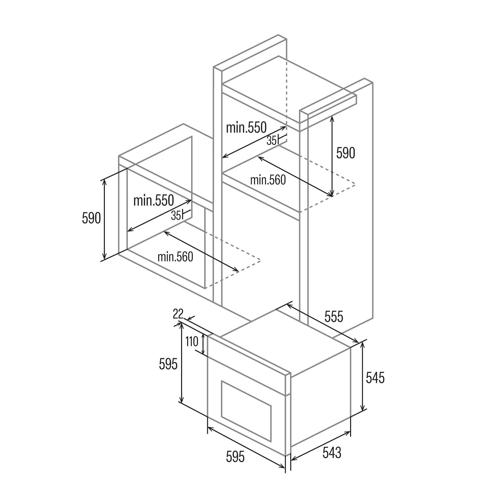 Dibujo técnico de un electrodoméstico empotrado con medidas en mm.