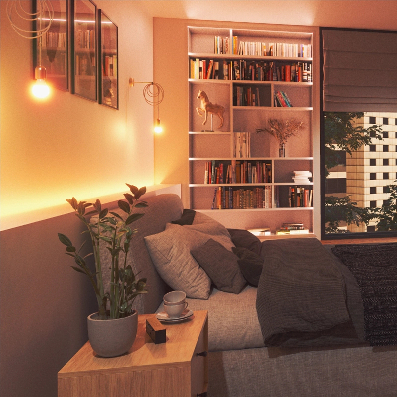 Camera accogliente con letto, libreria, pianta e vista su edificio dalla finestra.