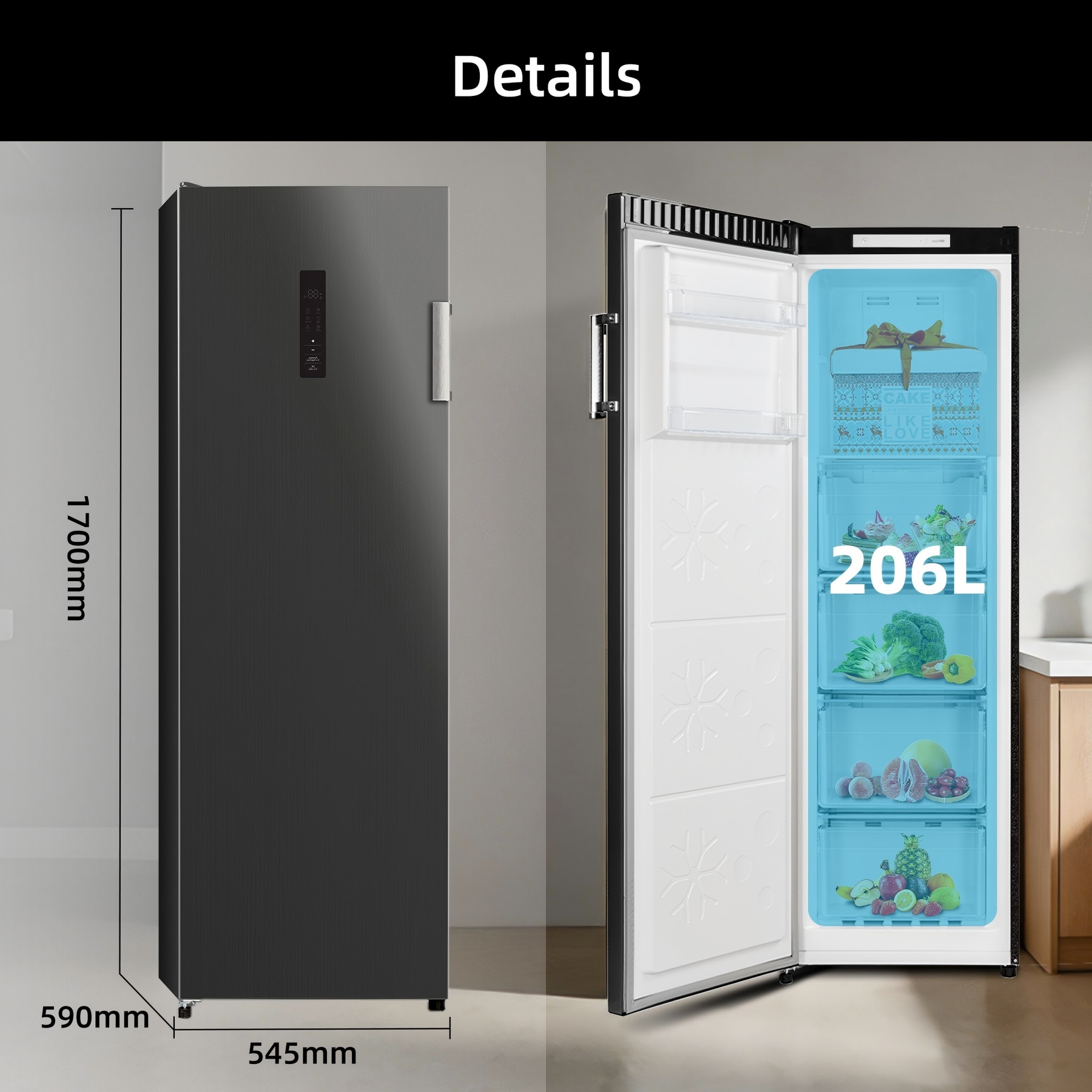 Un refrigerador alto, gris oscuro, con la puerta abierta, mostrando 206L de capacidad.