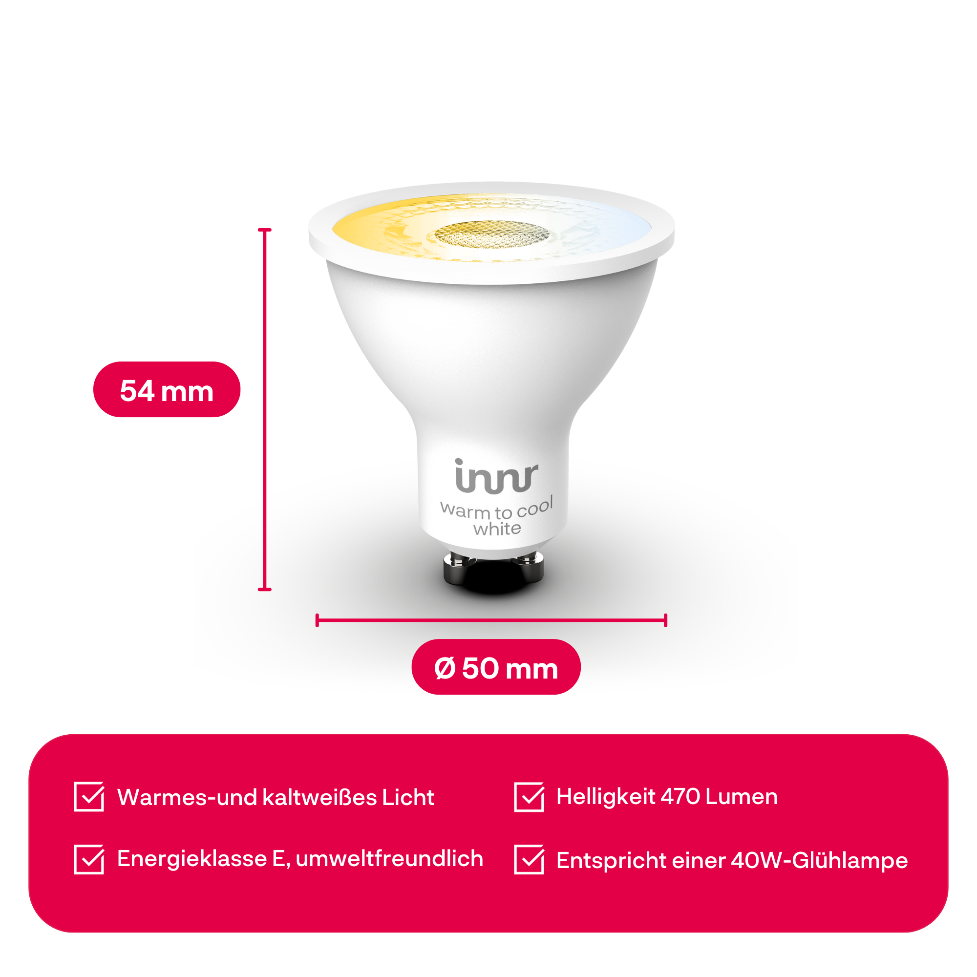 Weiße LED-Lampe, 54mm hoch, 50mm Durchmesser, warm bis kalt weiß.