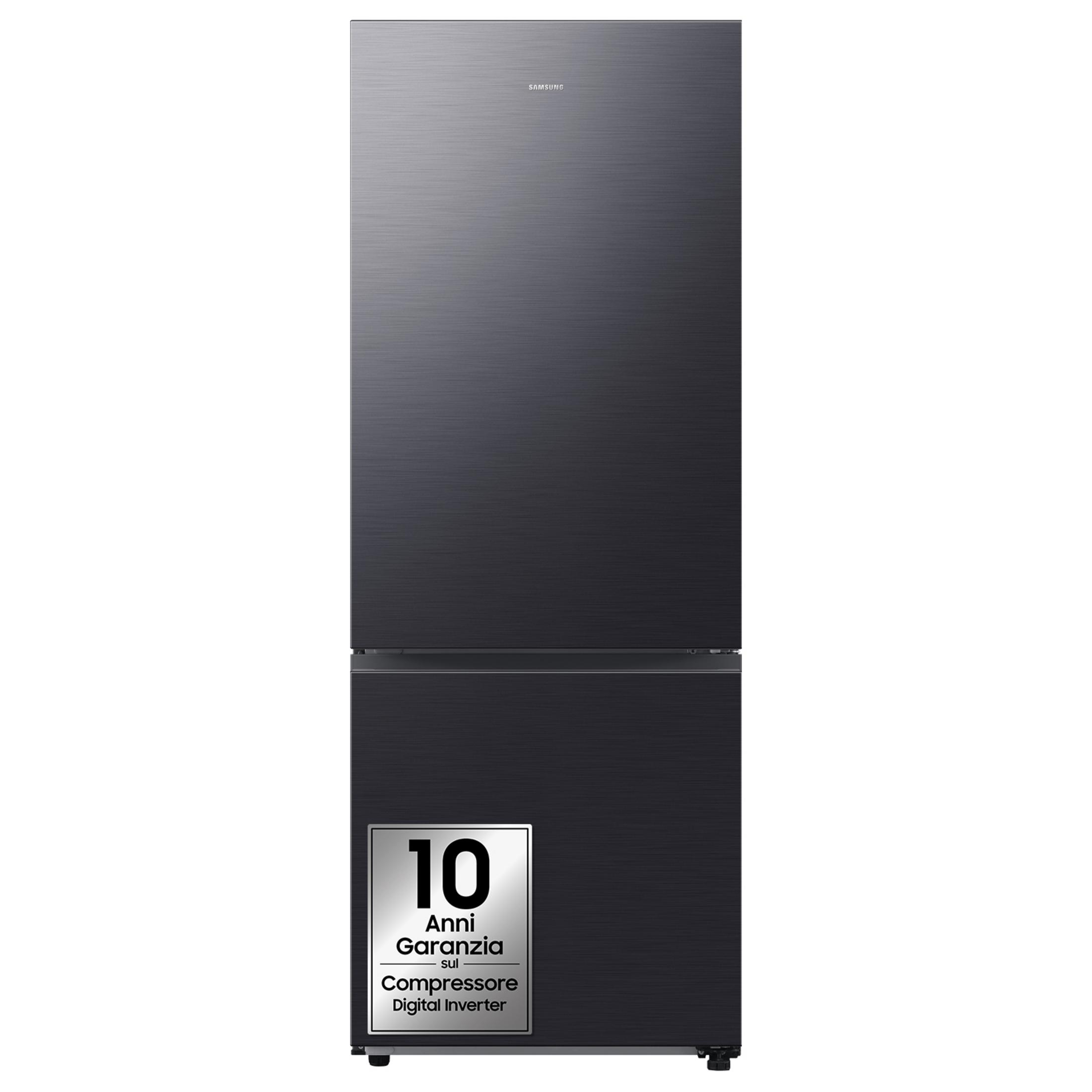 Ein dunkler Samsung Kühlschrank mit zwei Türen und Garantie-Aufkleber.