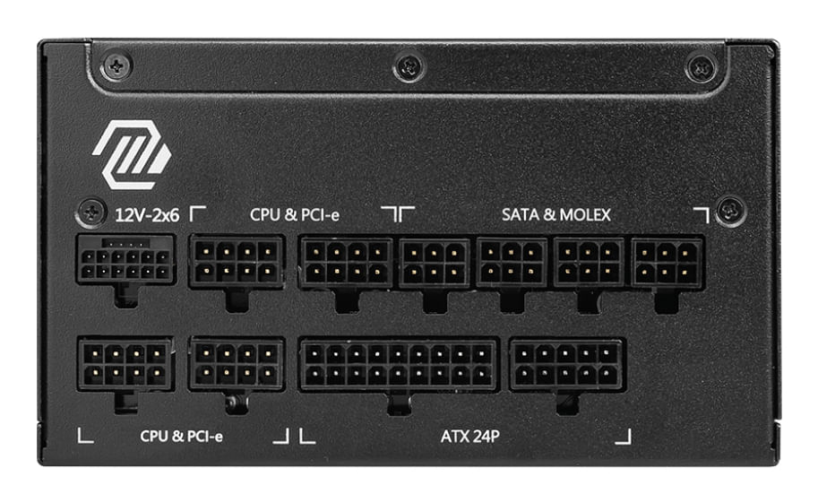 Czarny zasilacz z portami: 12V-2x6, CPU & PCI-e, SATA & MOLEX, ATX 24P.