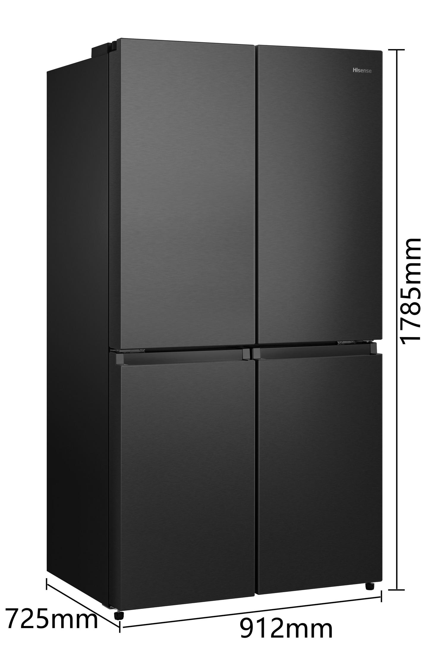 Schwarzer Hisense Kühlschrank mit vier Türen und Maßangaben.