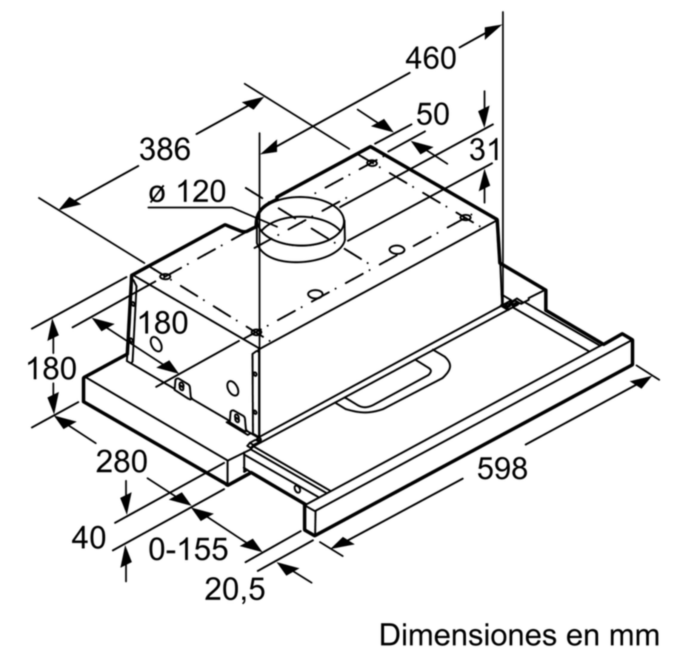 Disegno tecnico di un telaio di montaggio per cappa aspirante con dimensioni in mm.
