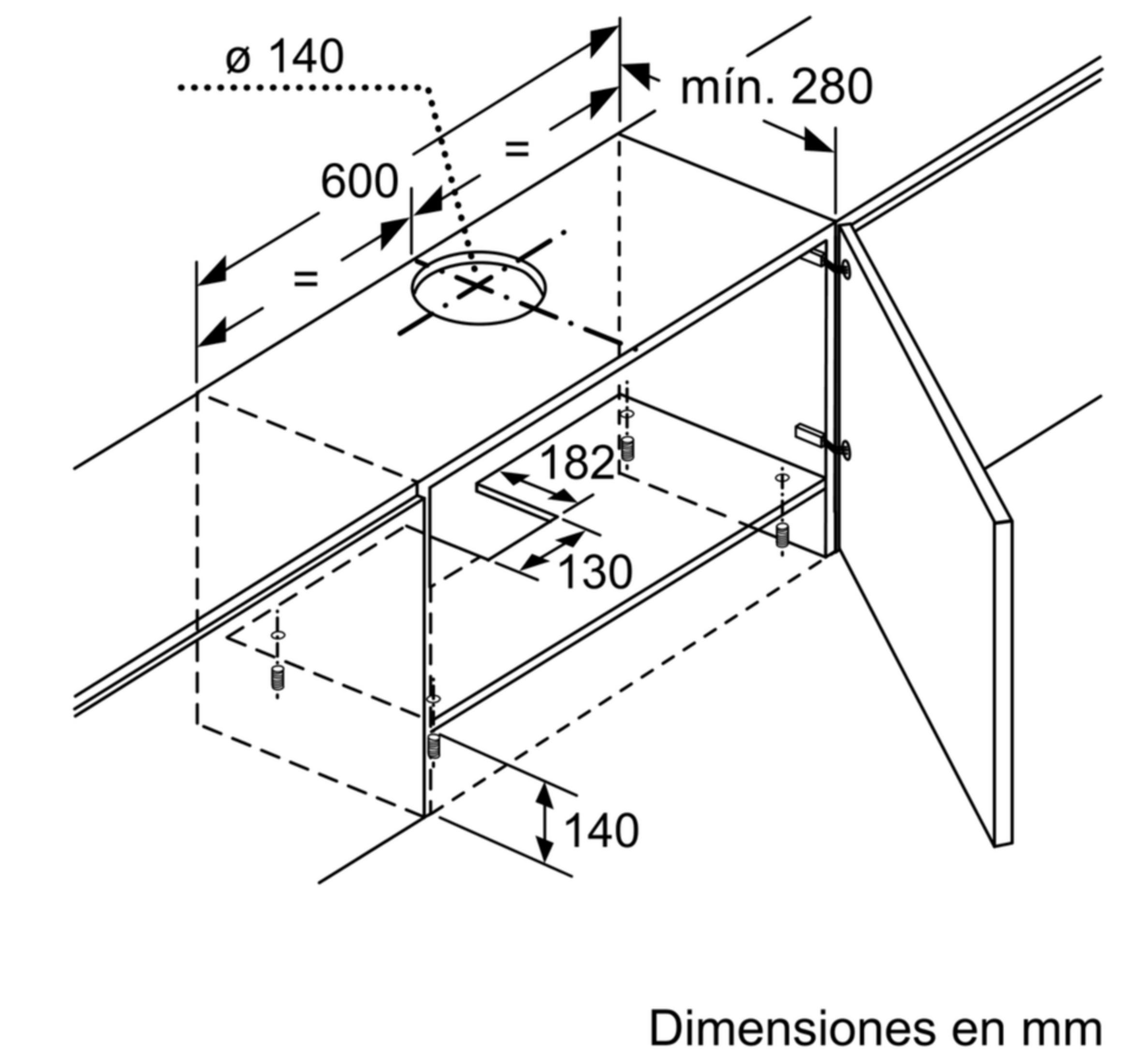 Disegno tecnico con dimensioni per una cappa. Ø 140, 600, 182, 130, 140, min. 280.