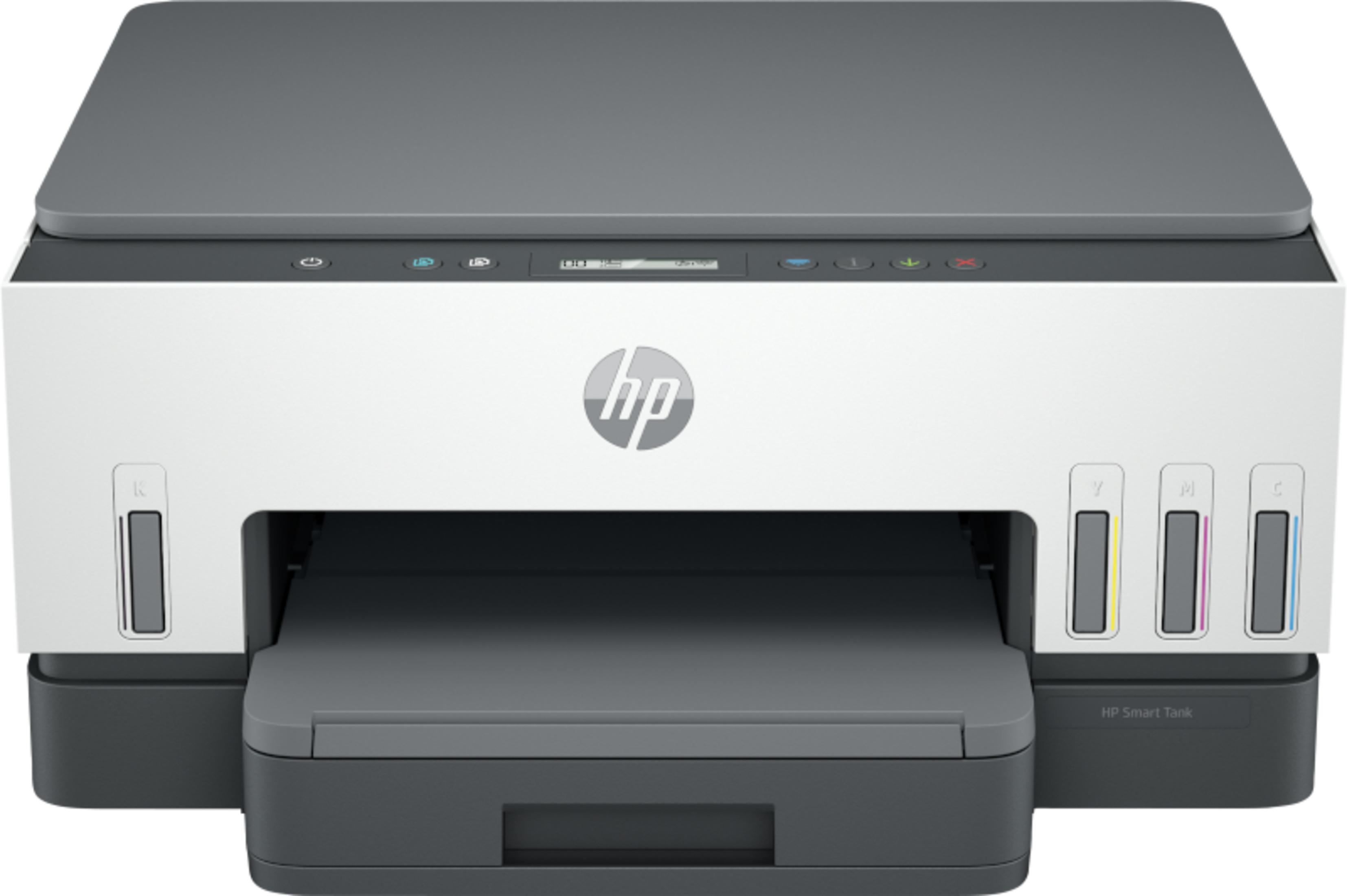 Una stampante HP Smart Tank bianca e grigia con serbatoi d'inchiostro visibili.