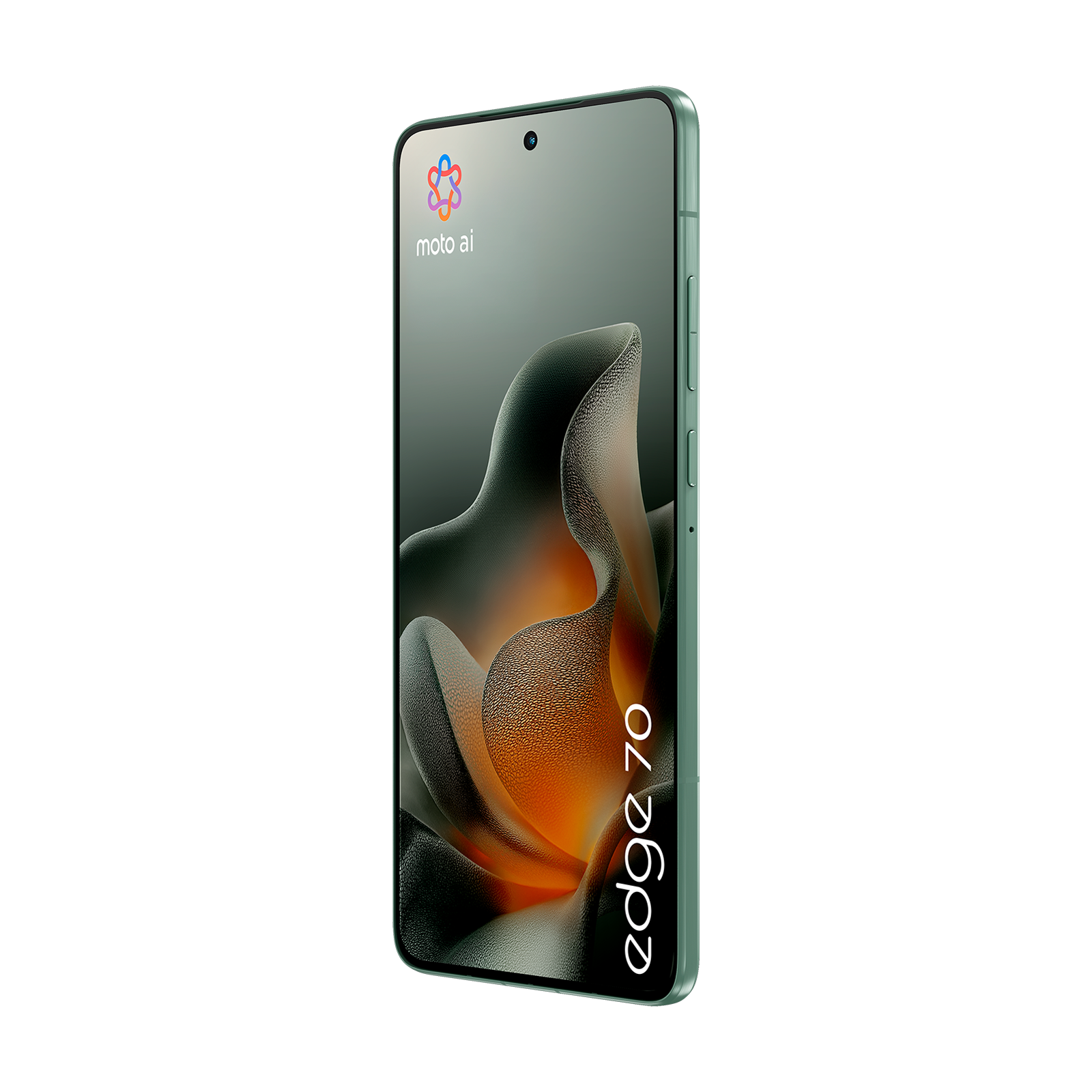 Un smartphone verde que muestra "moto ai" y "edge 70" en su pantalla.