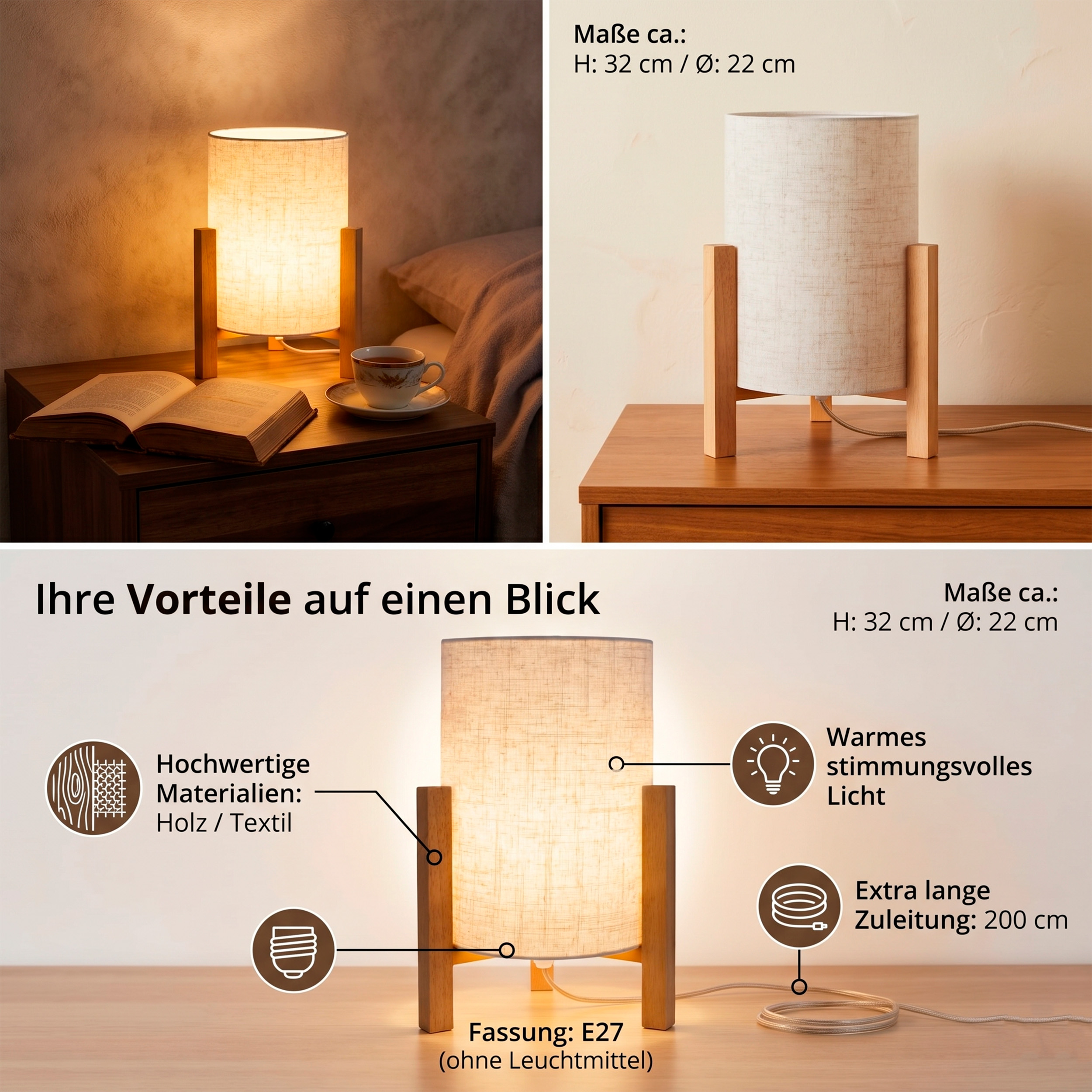 Holzlampe mit Stoffschirm, H:32cm, Ø:22cm, mit warmem Licht, E27 Fassung.
