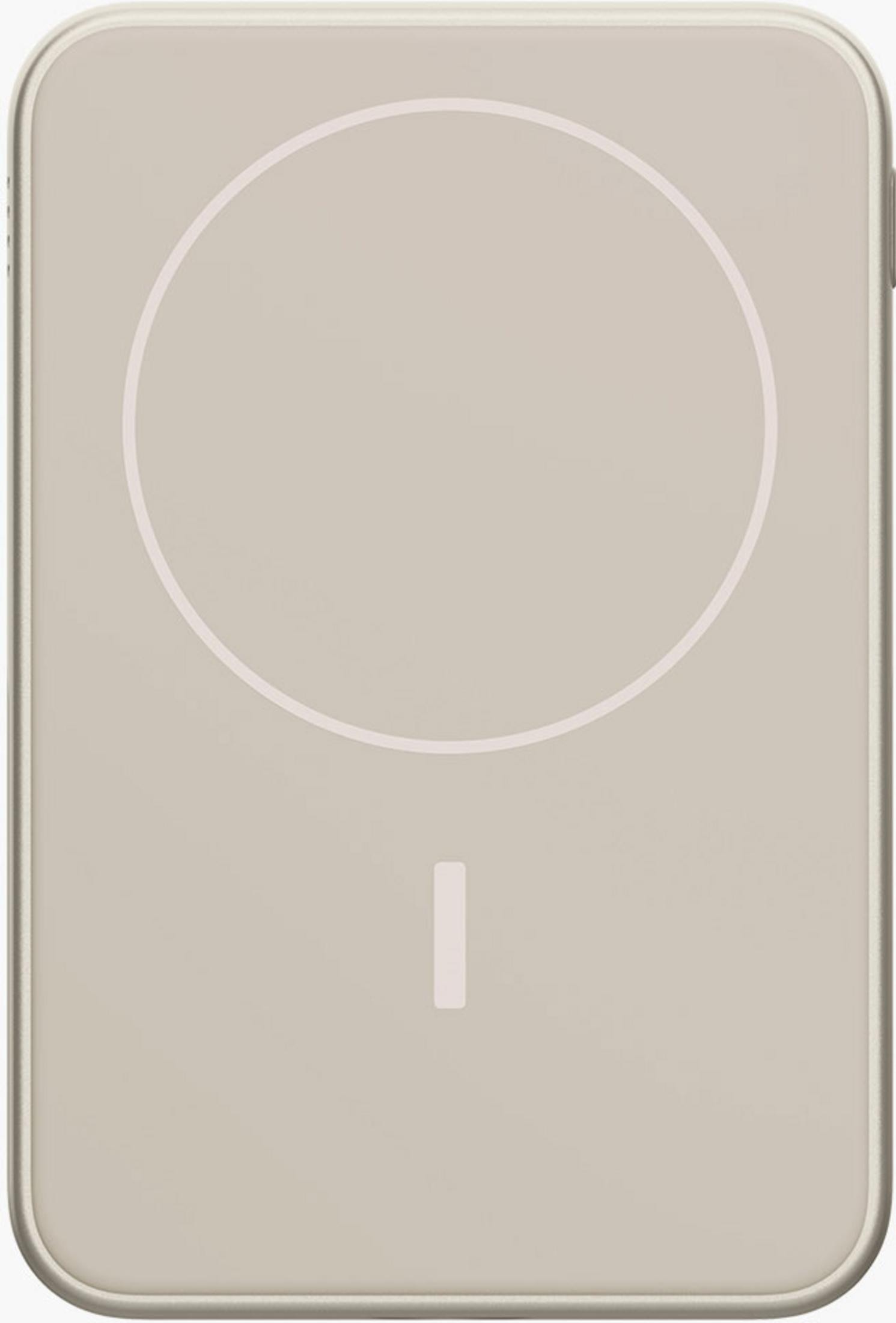 Un dispositivo rettangolare grigio chiaro con un cerchio bianco e un motivo a trattini.