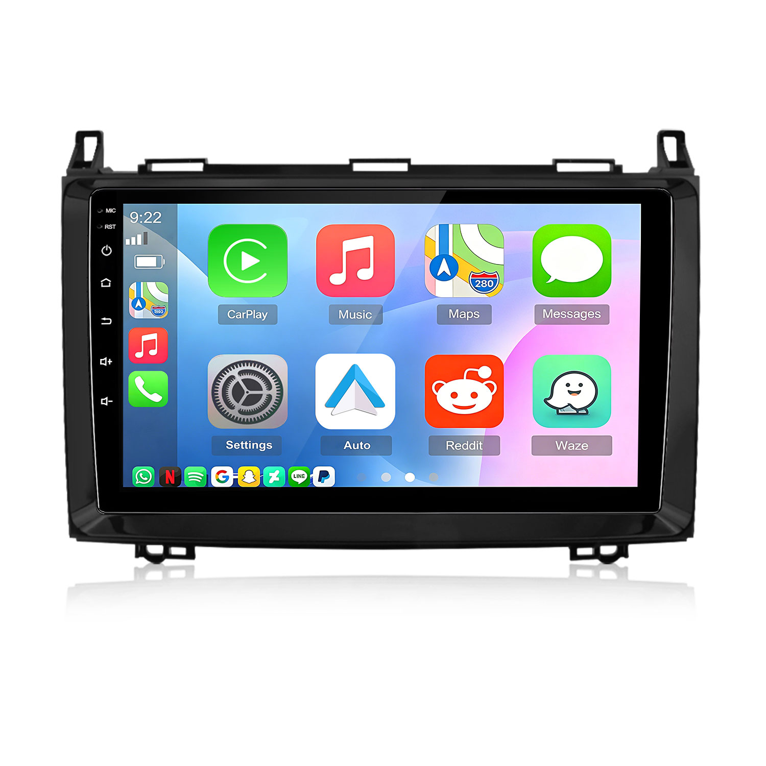 Auto-Infotainment-Bildschirm mit Apps wie CarPlay, Musik, Karten, Nachrichten und Reddit.