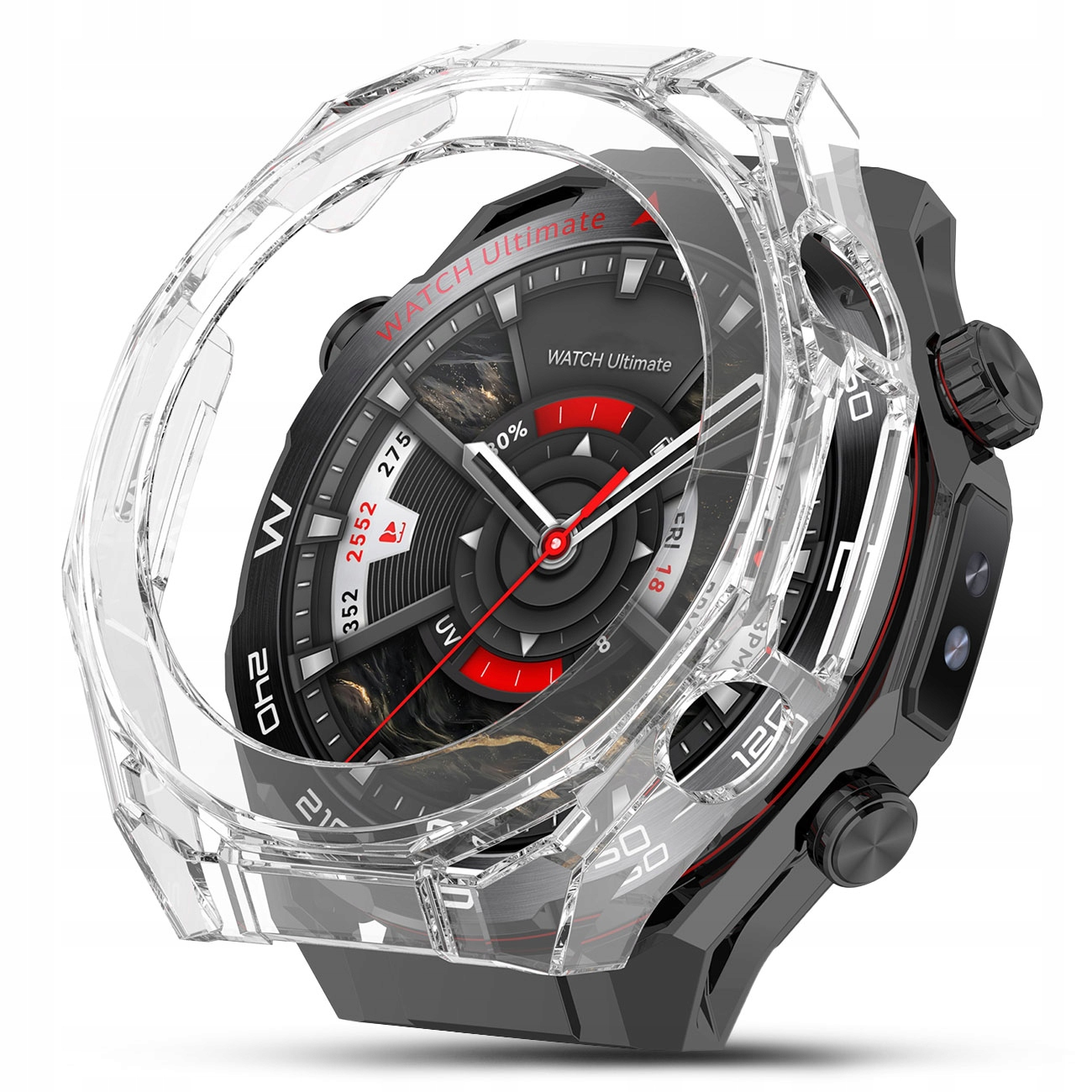 Czarny smartwatch z przezroczystą obudową ochronną i czerwonymi akcentami.