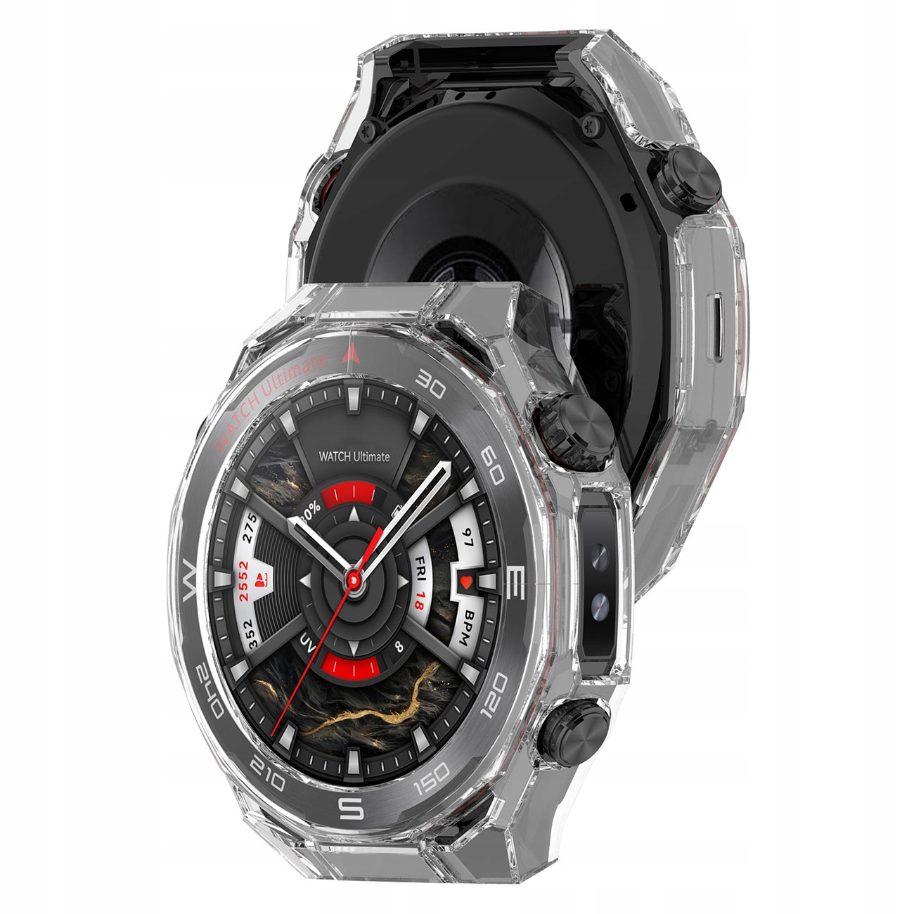 Smartwatch w przezroczystym etui ochronnym, czarna tarcza cyfrowa z czerwonymi akcentami.