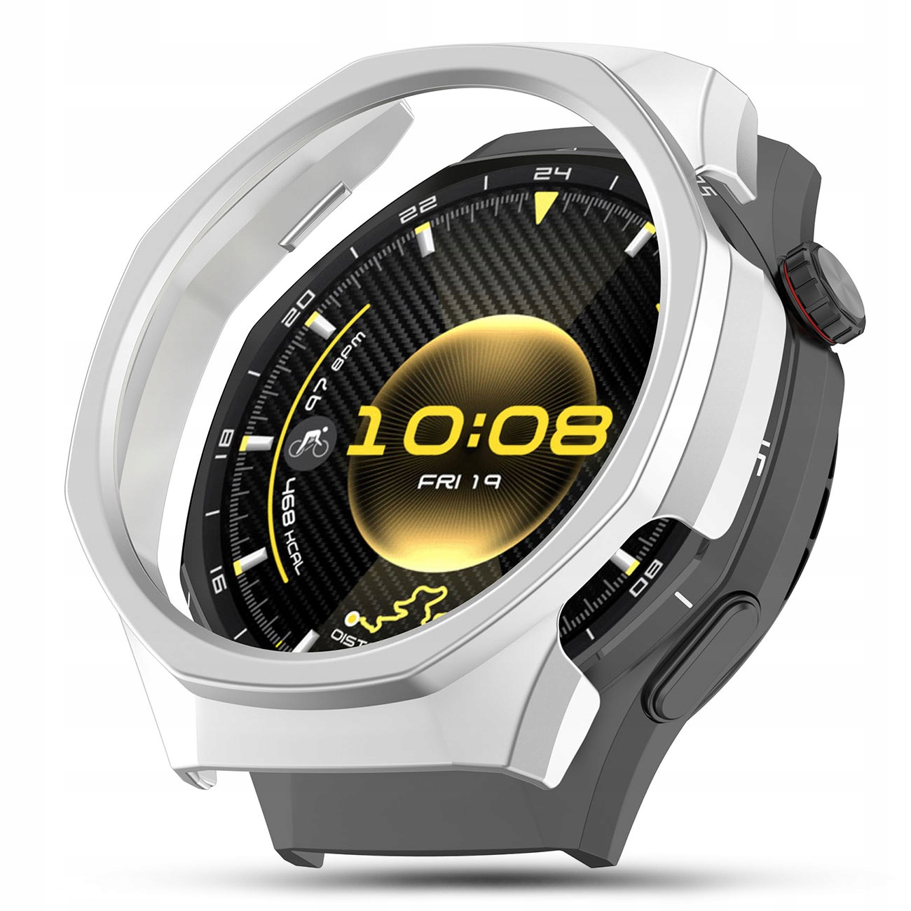 Smartwatch z białą ramką i czarnym paskiem wyświetla 10:08, piątek, 97 BPM, 468 KCAL.