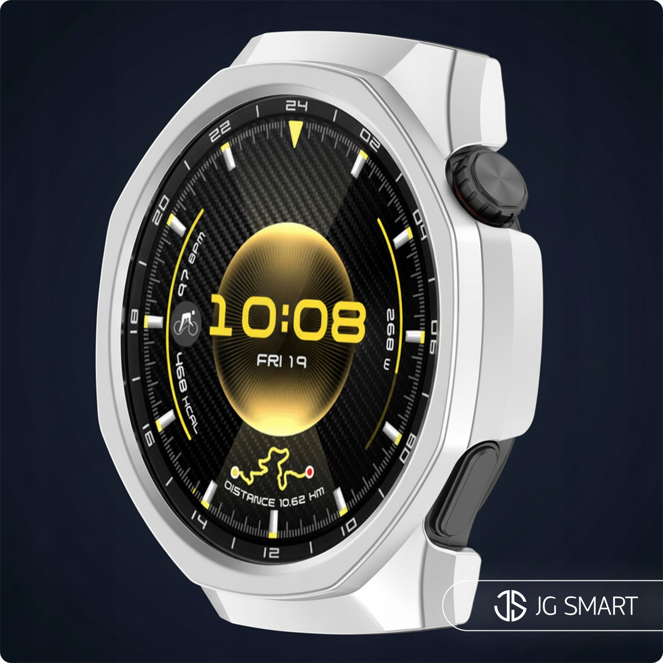 Srebrny smartwatch wyświetla 10:08, 468 kcal, 97 BPM i dystans 10,62 km.