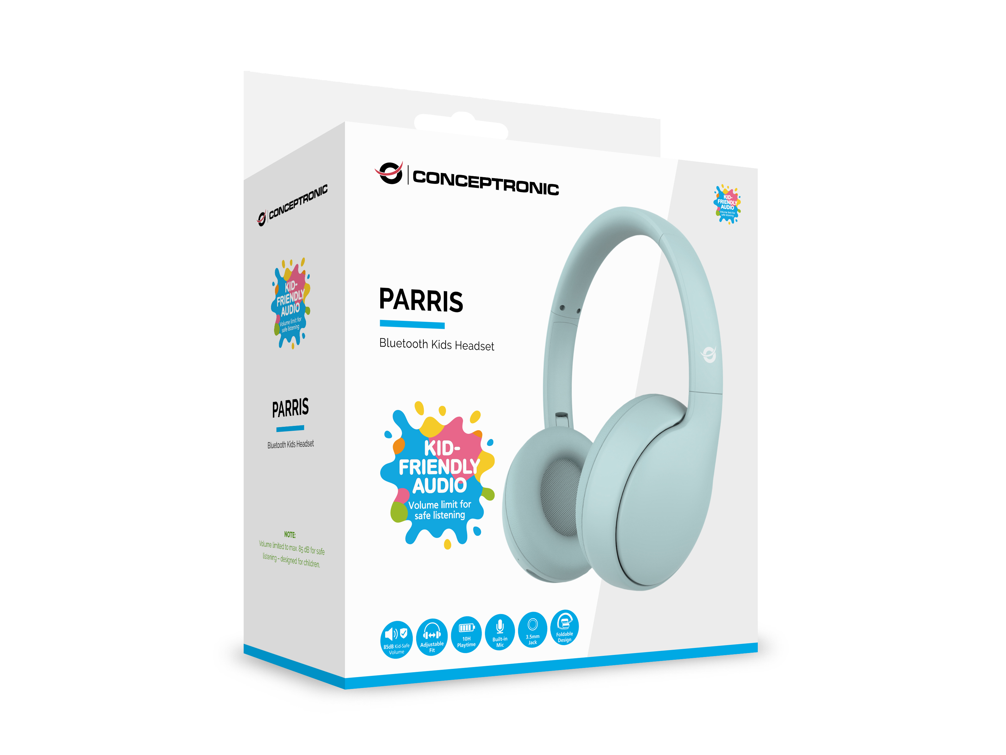Verpackung eines mintgrünen Conceptronic Bluetooth-Kopfhörers für Kinder.