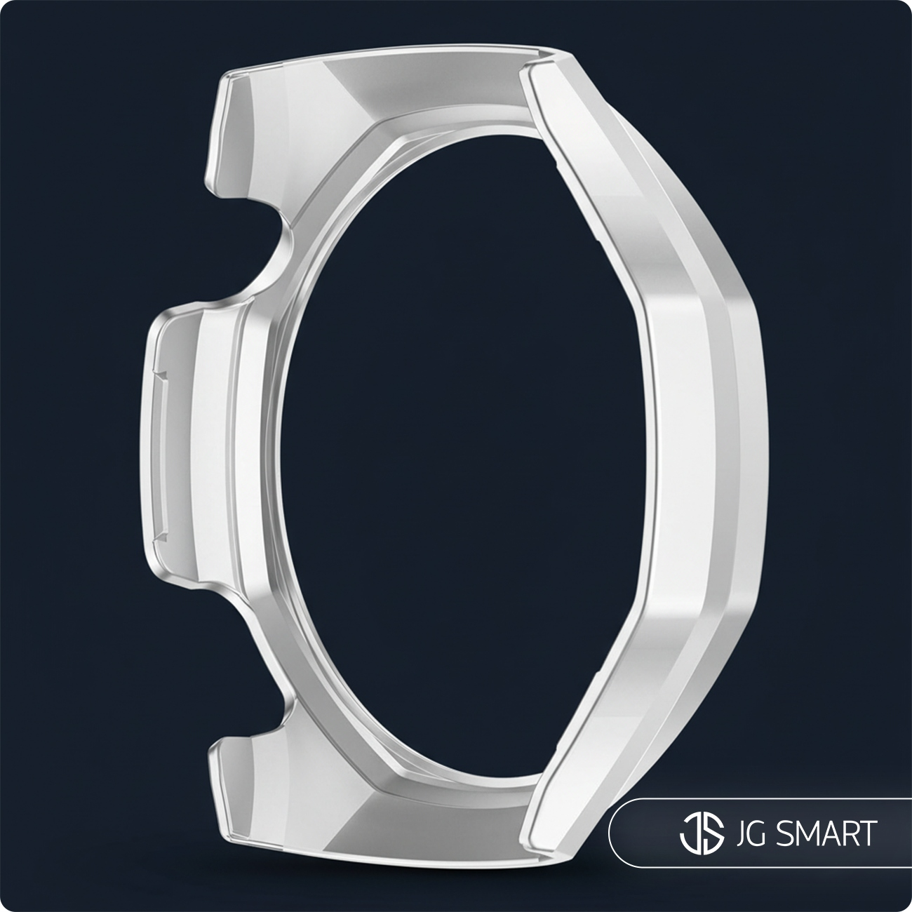 Srebrna koperta smartwatcha na ciemnoniebieskim tle. Widoczne logo JS JG SMART.