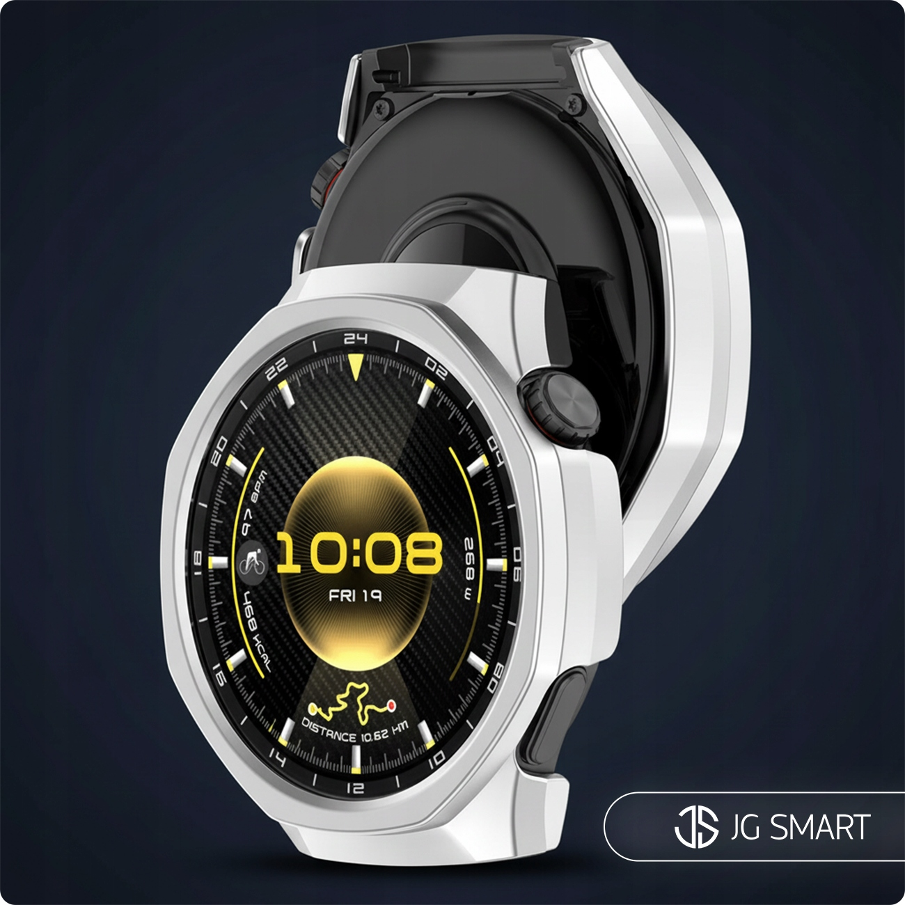 Biały smartwatch z czarnym wyświetlaczem pokazującym 10:08 i dane fitness.